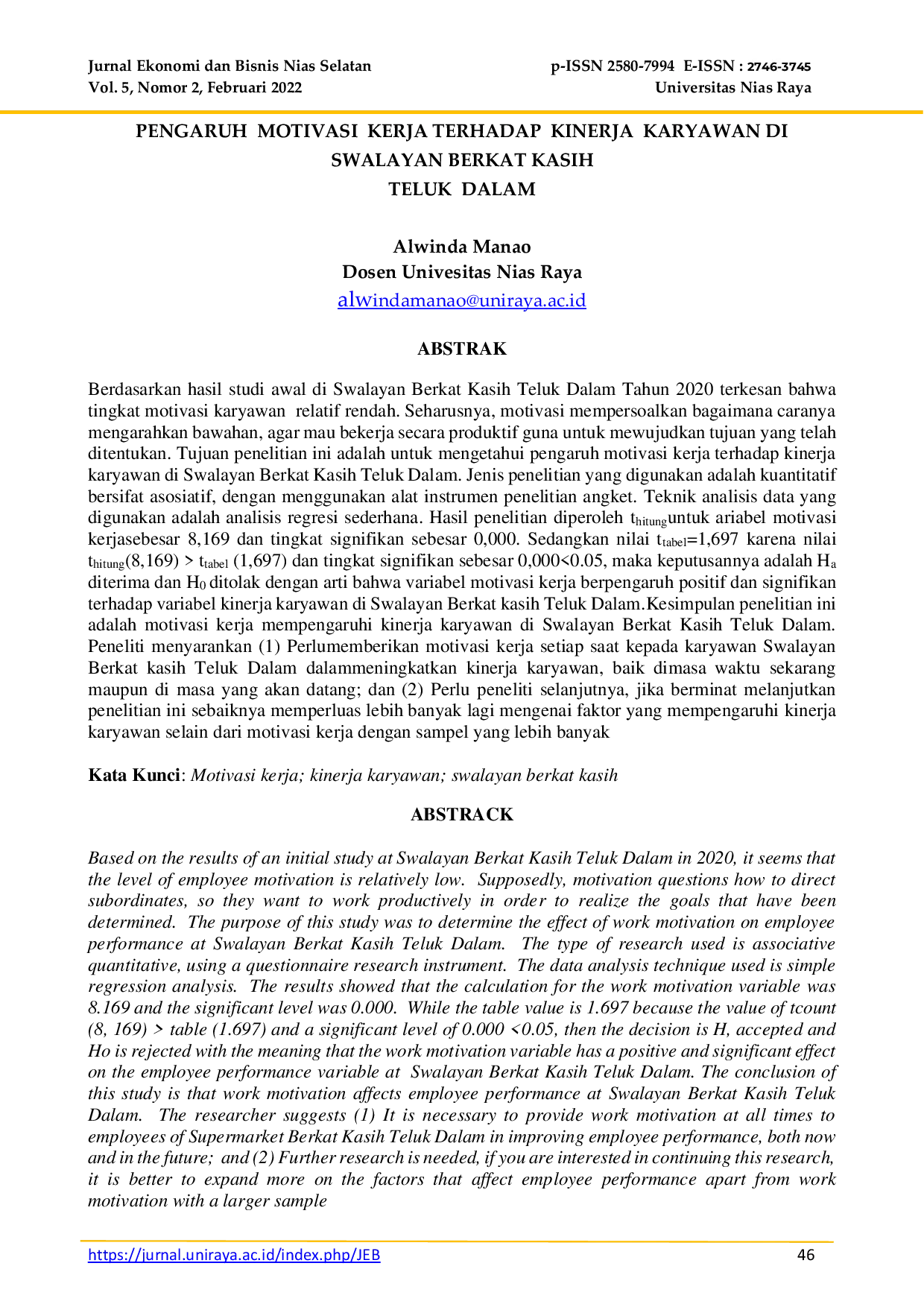 JURIS Pengaruh Motivasi Kerja Terhadap Kinerja Karyawan Di Swalayan Berkat Kasih Teluk Dalam