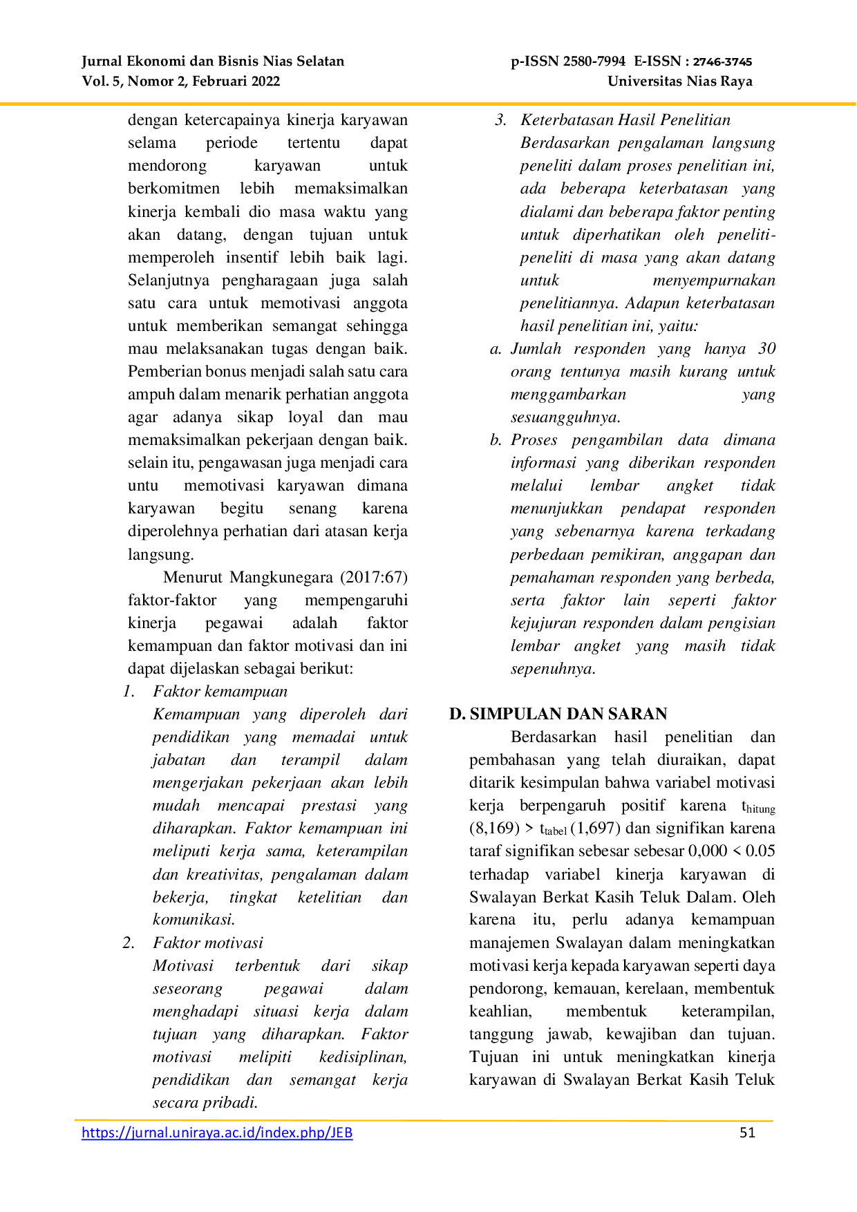 JURIS Pengaruh Motivasi Kerja Terhadap Kinerja Karyawan Di Swalayan Berkat Kasih Teluk Dalam