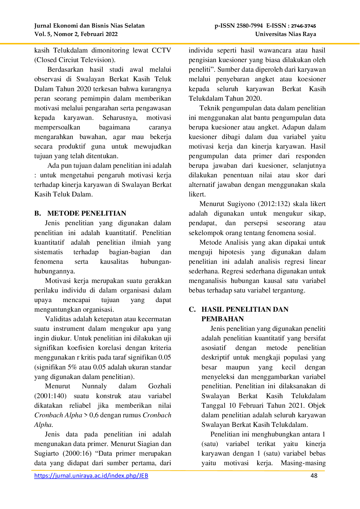 JURIS Pengaruh Motivasi Kerja Terhadap Kinerja Karyawan Di Swalayan Berkat Kasih Teluk Dalam