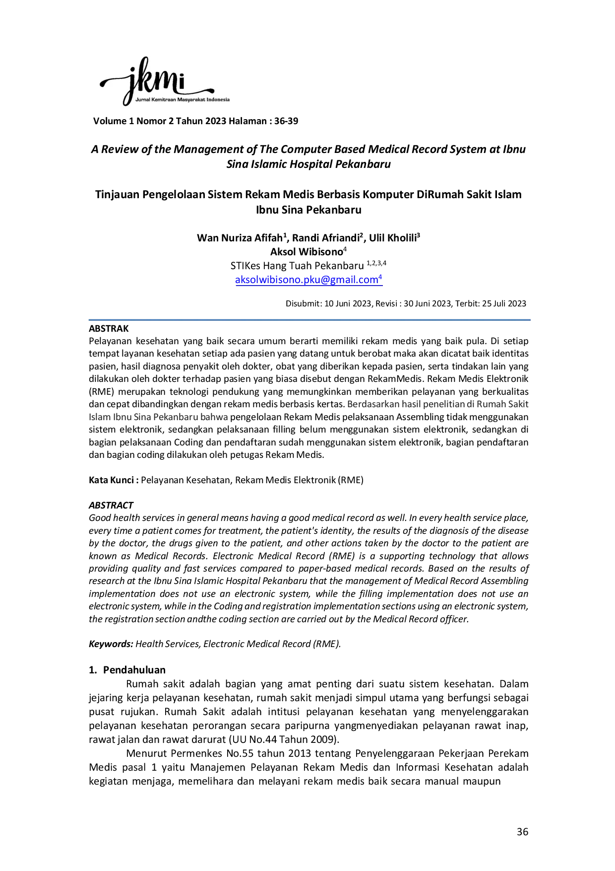 JURIS Tinjauan Pengelolaan Sistem Rekam Medis Berbasis Komputer Di Rumah Sakit Islam Ibnu Sina Pekanbaru