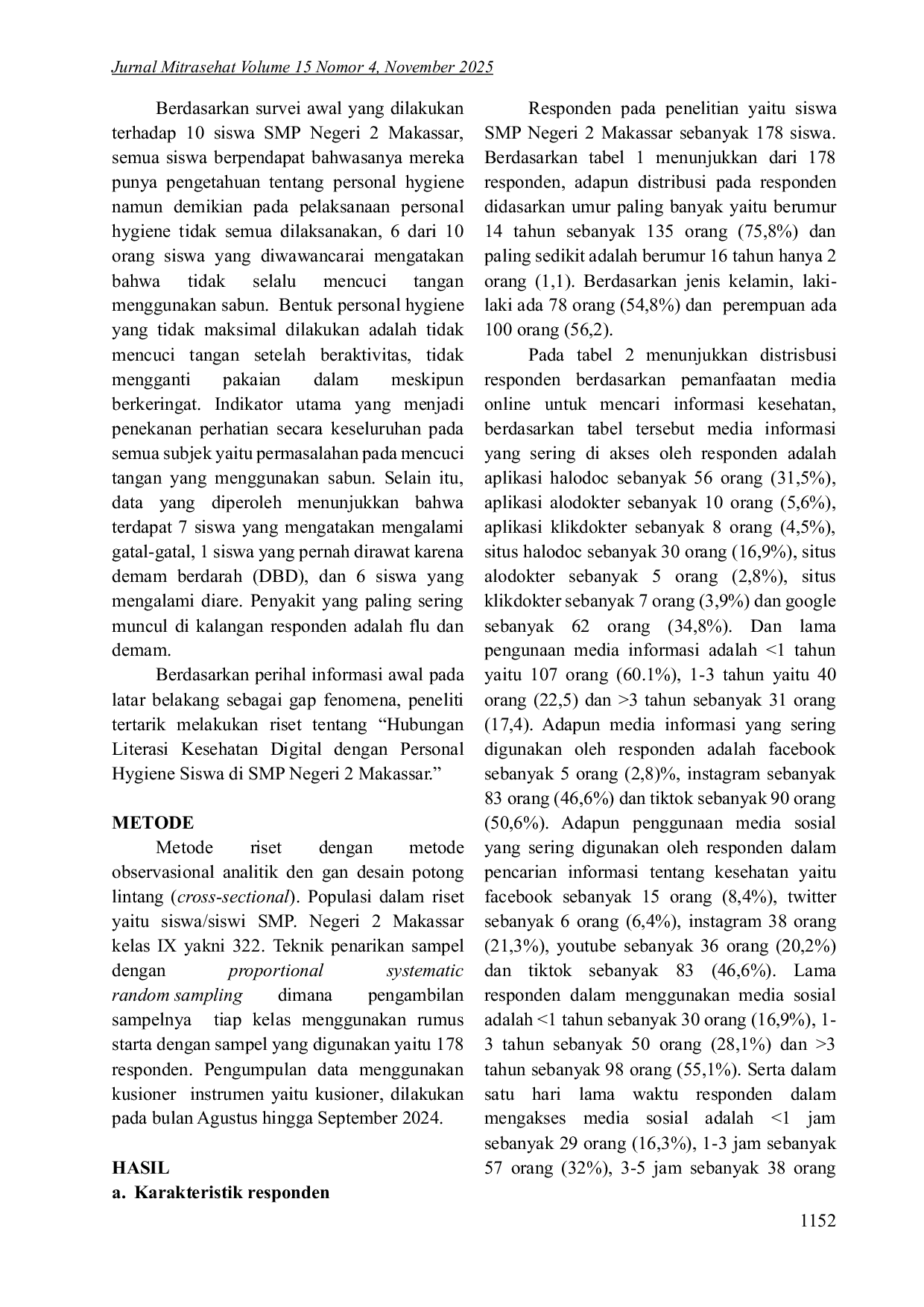 JURIS Hubungan Literasi Kesehatan Digital Dengan Personal Hygiene Siswa di SMP Negeri 2 Makassar