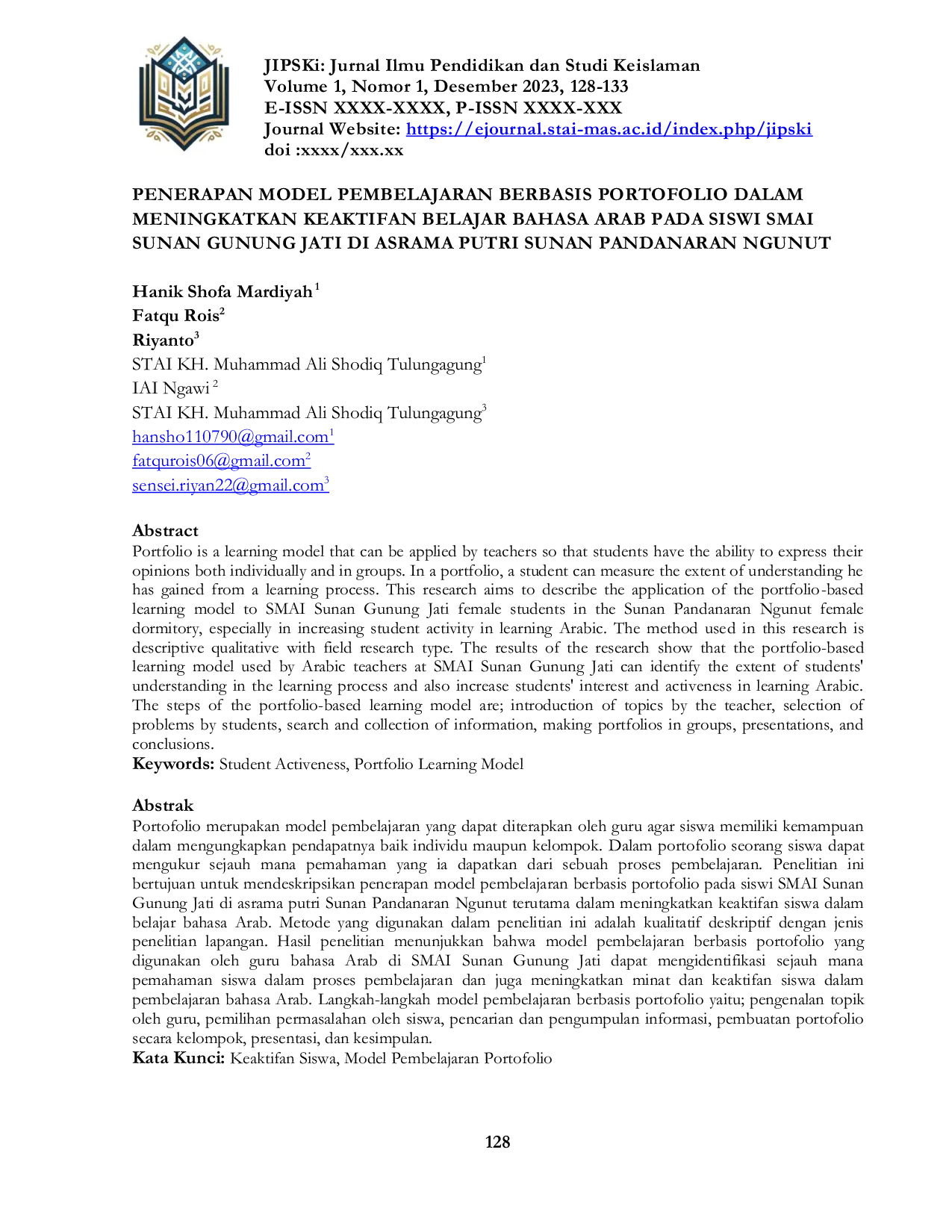 JURIS Penerapan Model Pembelajaran Berbasis Portofolio dalam Meningkatkan Keaktifan Belajar Bahasa Arab Pada Siswi SMAI Sunan Gunung Jati di Asrama Putri Sunan Pandanaran Ngunut