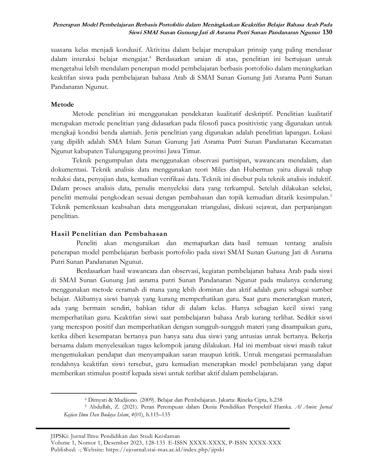 JURIS Penerapan Model Pembelajaran Berbasis Portofolio dalam Meningkatkan Keaktifan Belajar Bahasa Arab Pada Siswi SMAI Sunan Gunung Jati di Asrama Putri Sunan Pandanaran Ngunut