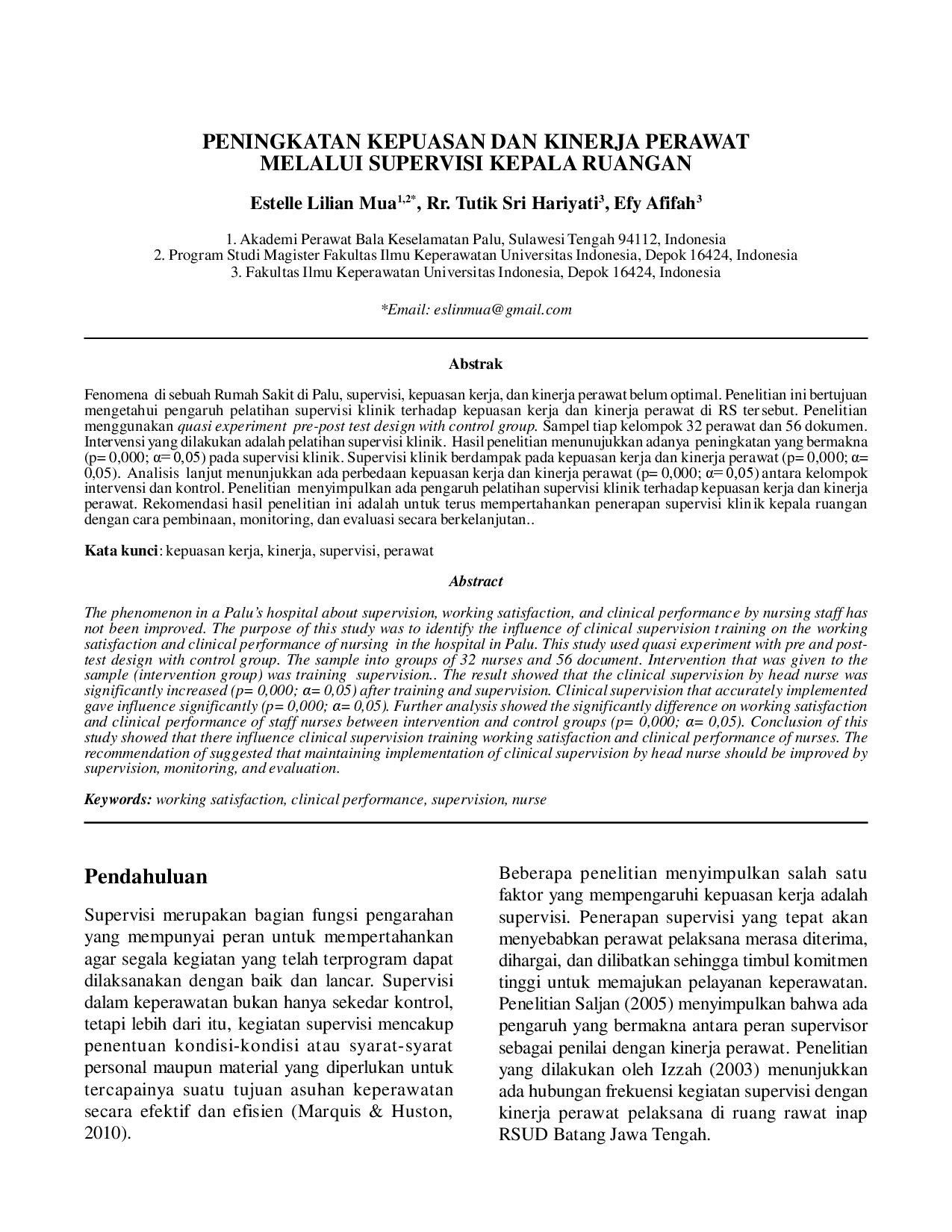 juris Peningkatan Kepuasan dan Kinerja Perawat Melalui Supervisi Kepala Ruangan