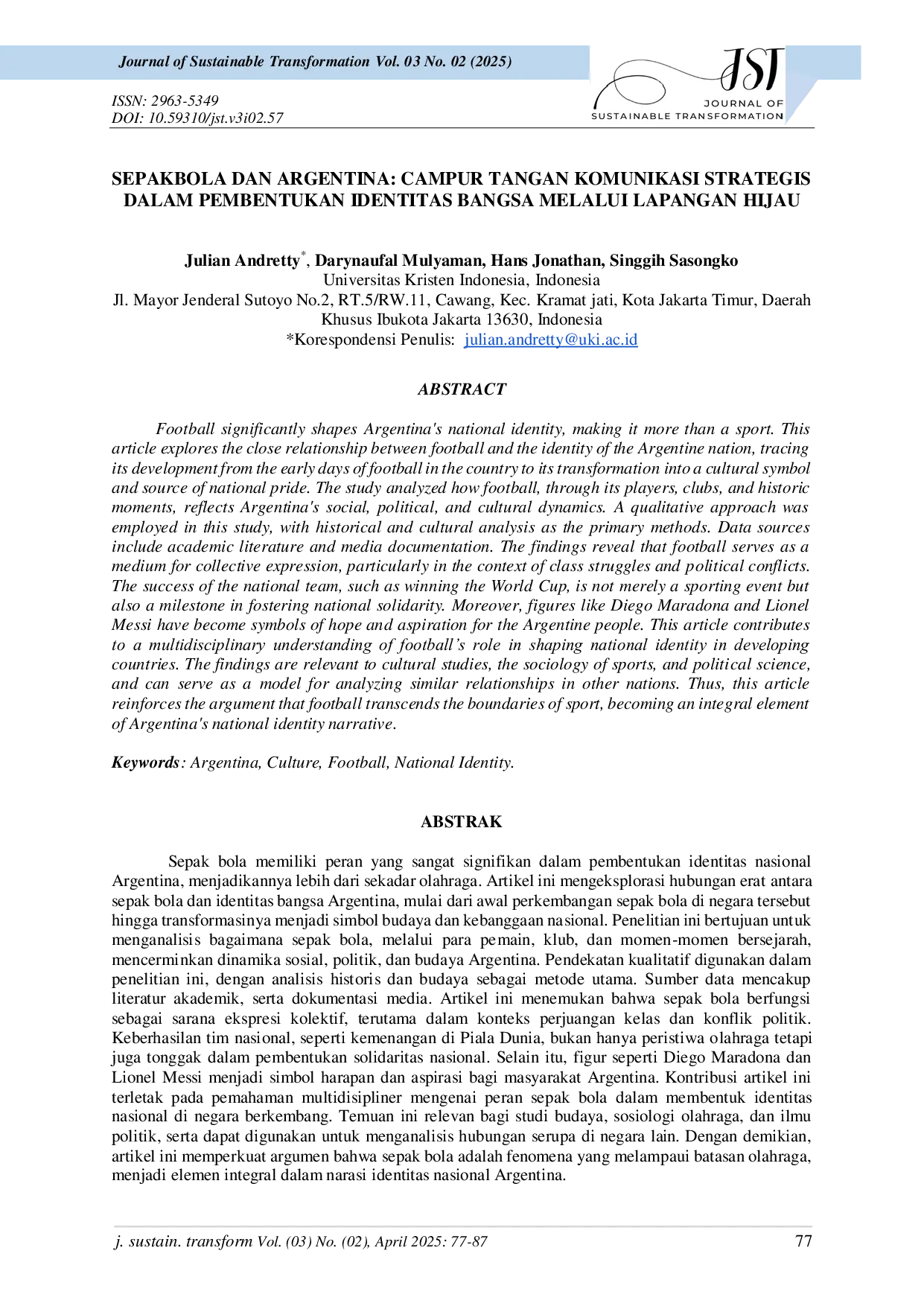 JURIS Sepak Bola dan Argentina Campur Tangan Komunikasi Strategis dalam Pembentukan Identitas Bangsa melalui Lapangan Hijau
