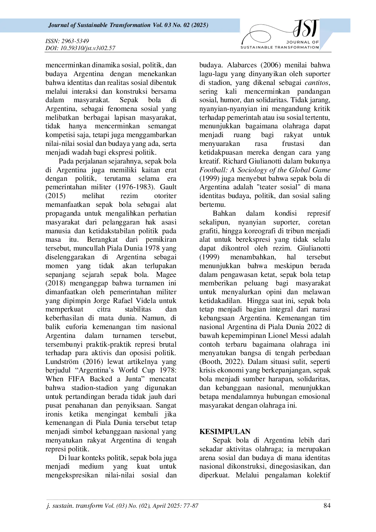 JURIS Sepak Bola dan Argentina Campur Tangan Komunikasi Strategis dalam Pembentukan Identitas Bangsa melalui Lapangan Hijau