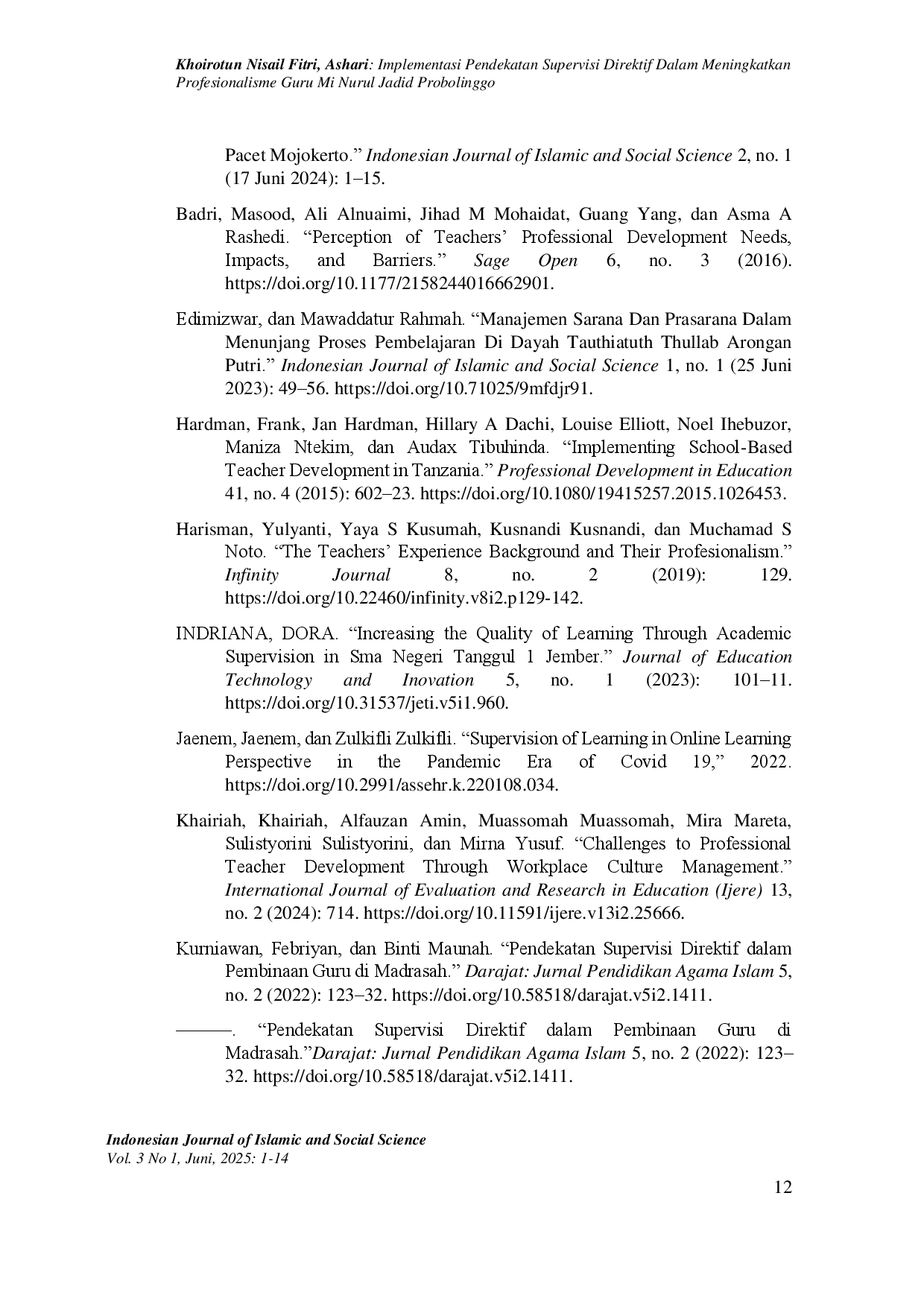 juris Implementasi Pendekatan Supervisi Direktif Dalam Meningkatkan Profesionalisme Guru Mi Nurul Jadid Probolinggo