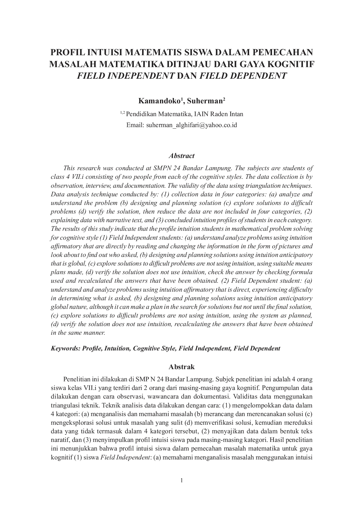 JURIS Profil Intuisi Matematis Siswa Dalam Pemecahan Masalah Matematika Diti Dari Gaya Kognitif Field Independent Dan Field Dependent
