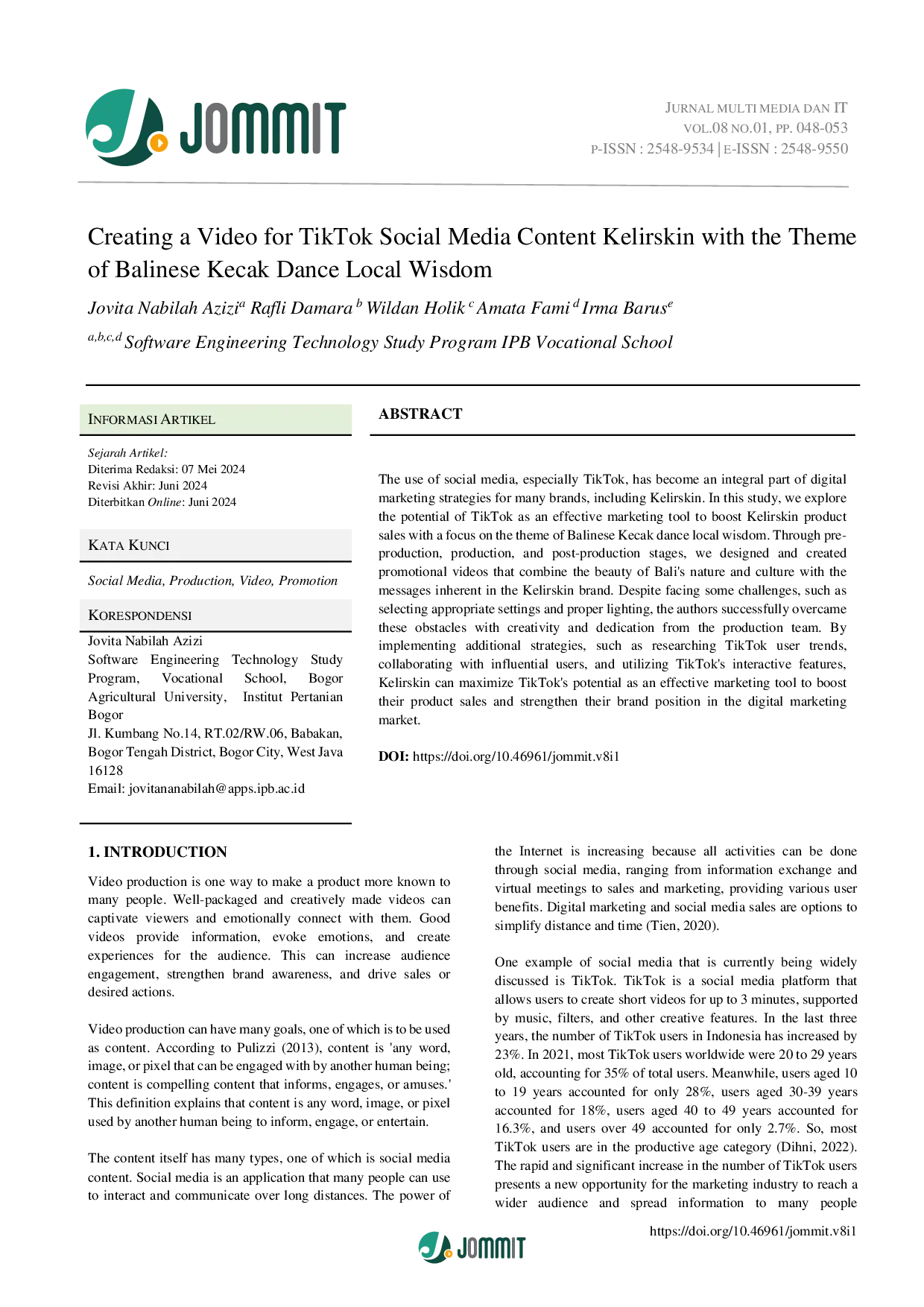 JURIS Creating a Video for TikTok Social Media Content Kelirskin with the Theme of Balinese Kecak Dance Local Wisdom