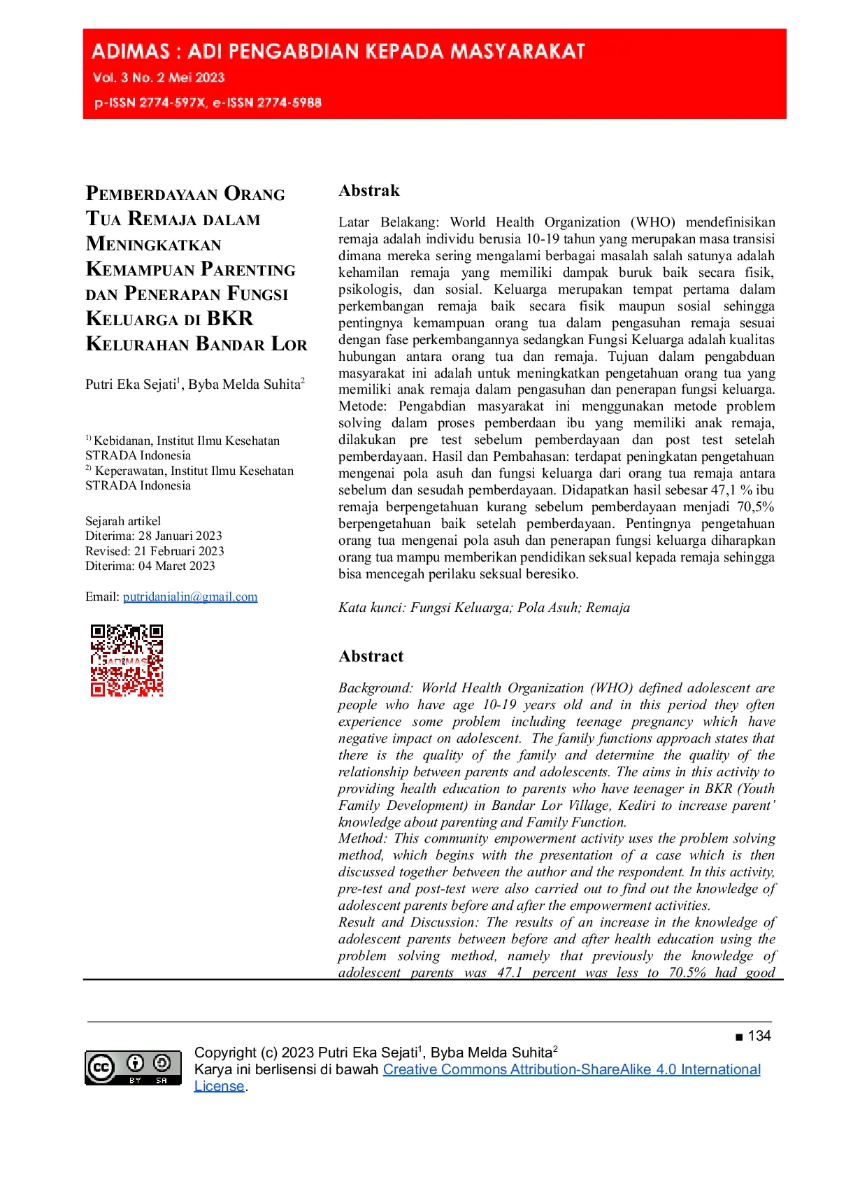 JURIS Pemberdayaan Orang Tua Remaja dalam Meningkatkan Kemampuan Parenting dan Penerapan Fungsi Keluarga di BKR Kelurahan Bandar Lor