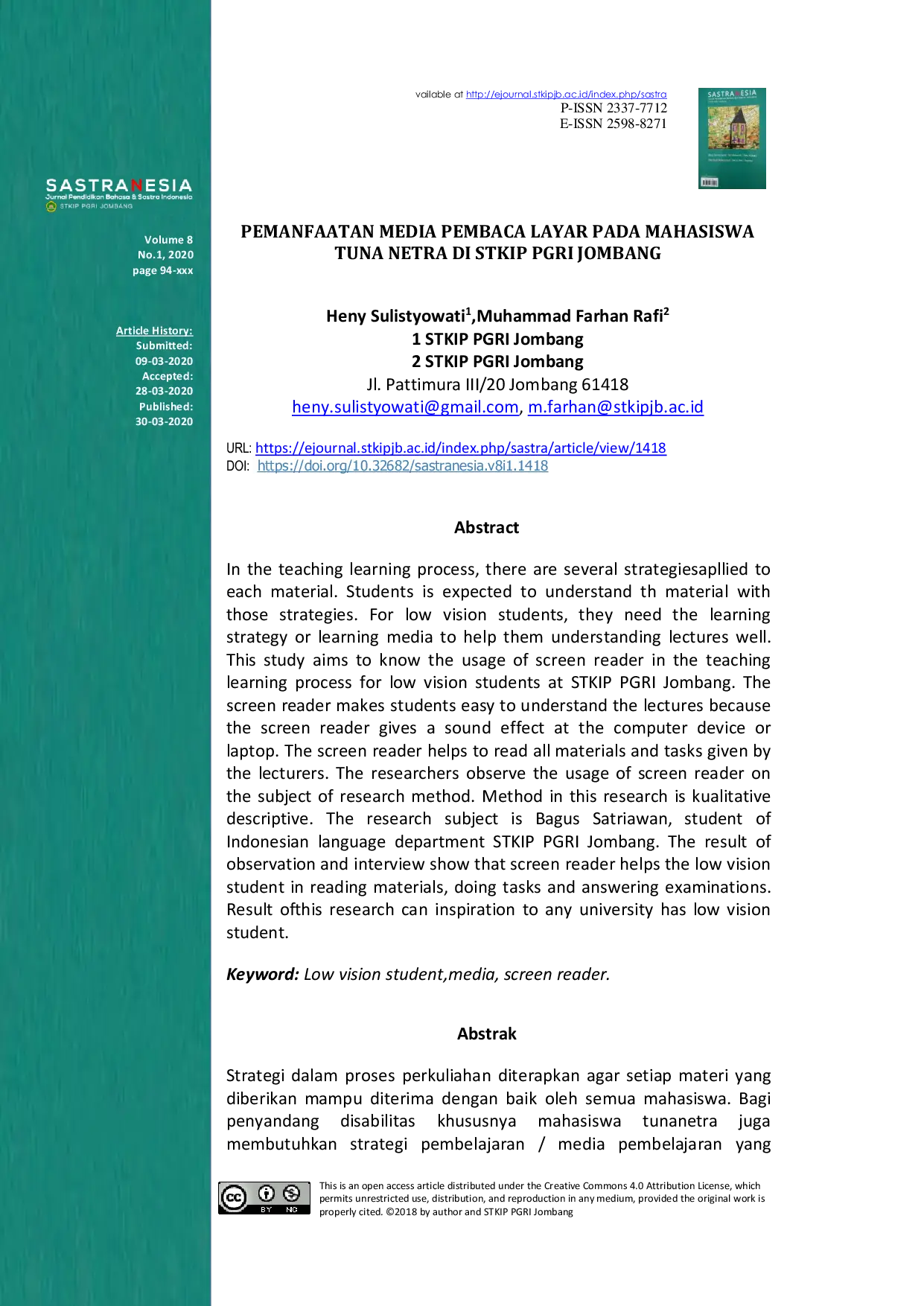 JURIS Pemanfaatan Media Pembaca Layar Pada Mahasiswa Tuna Netra Di Stkip Pgri Jombang