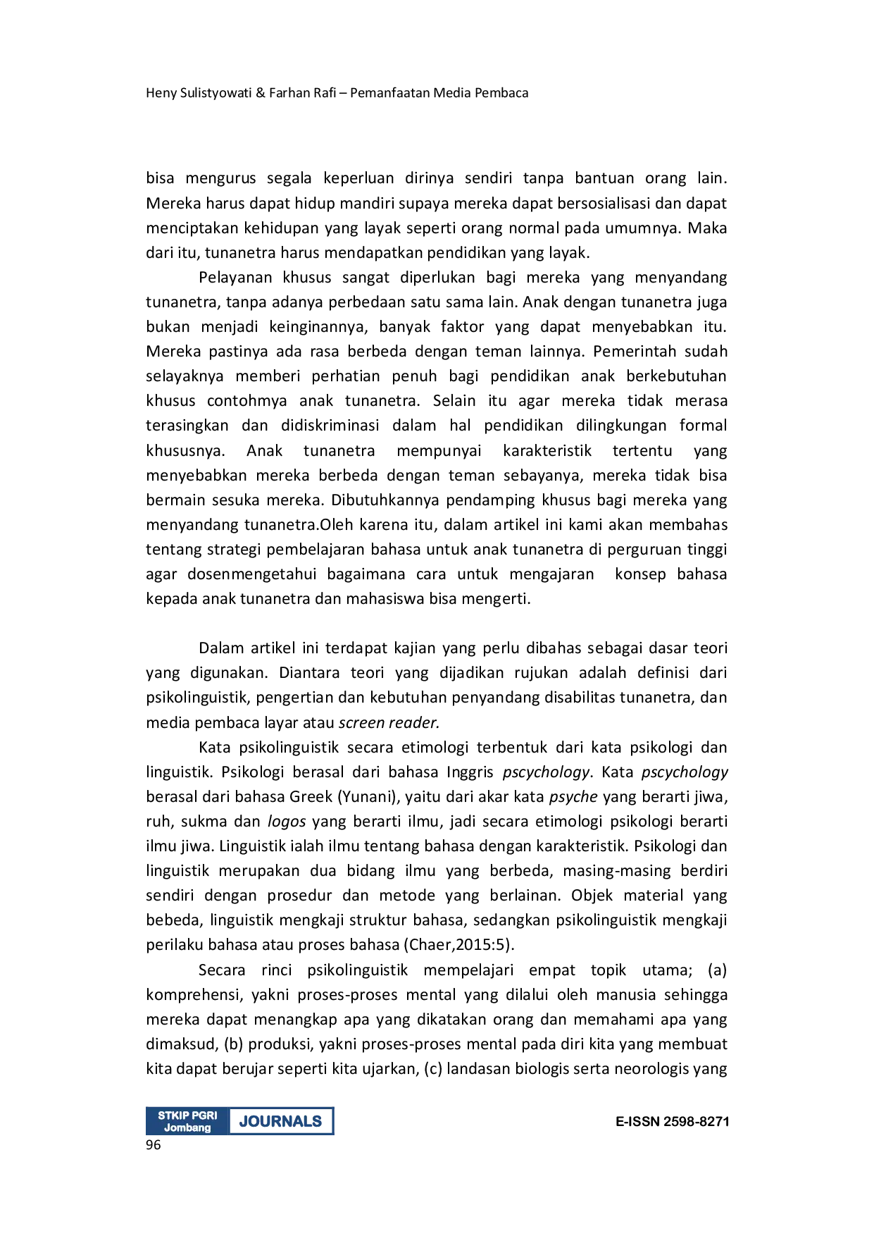 JURIS Pemanfaatan Media Pembaca Layar Pada Mahasiswa Tuna Netra Di Stkip Pgri Jombang