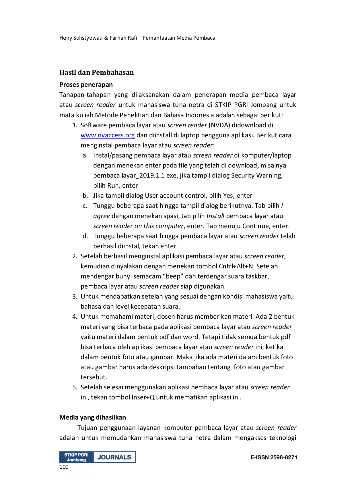 JURIS Pemanfaatan Media Pembaca Layar Pada Mahasiswa Tuna Netra Di Stkip Pgri Jombang