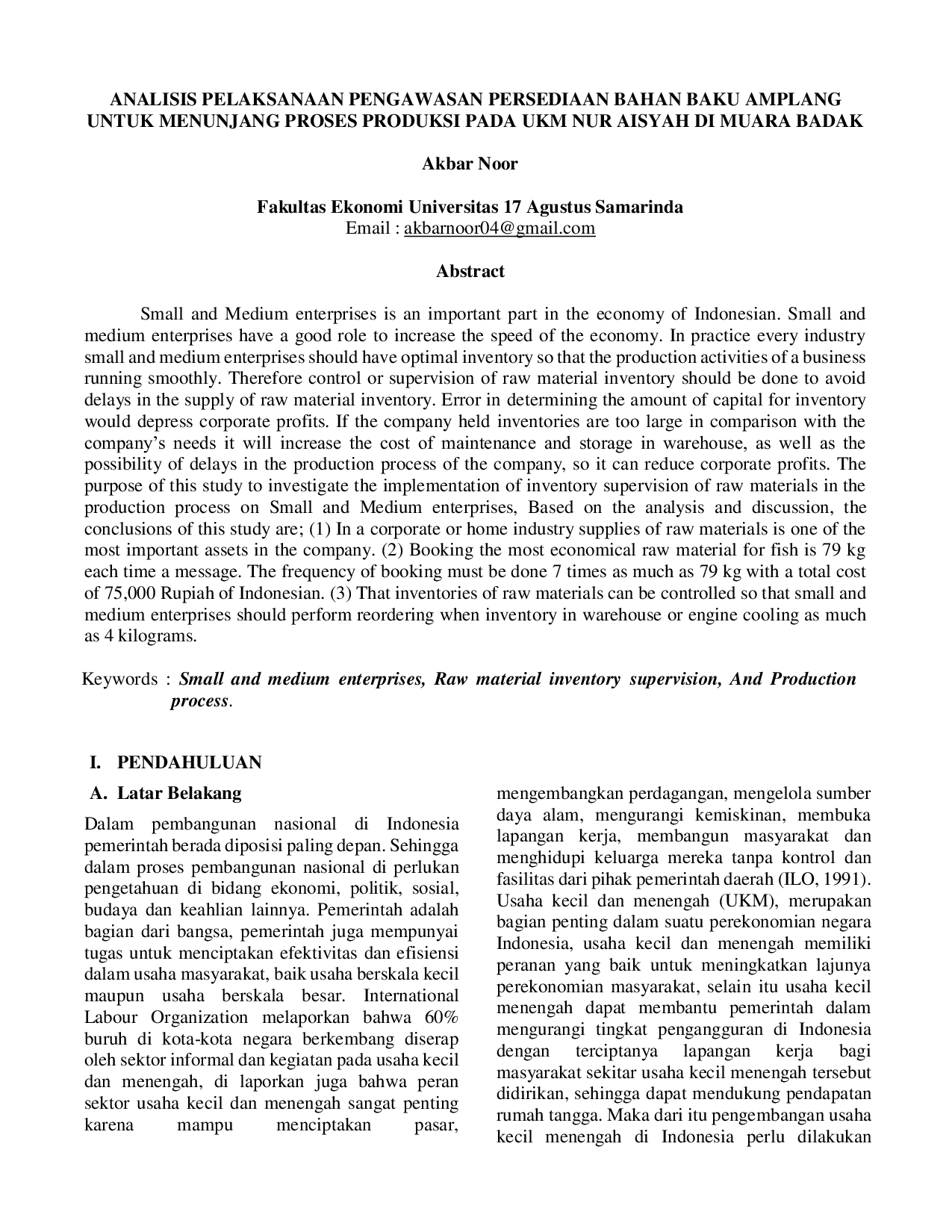 JURIS Analisis Pelaksanaan Pengawasan Persediaan Bahan Baku Amplang untuk Menunjang Proses Produksi pada UKM Nur Aisyah di Muara Badak