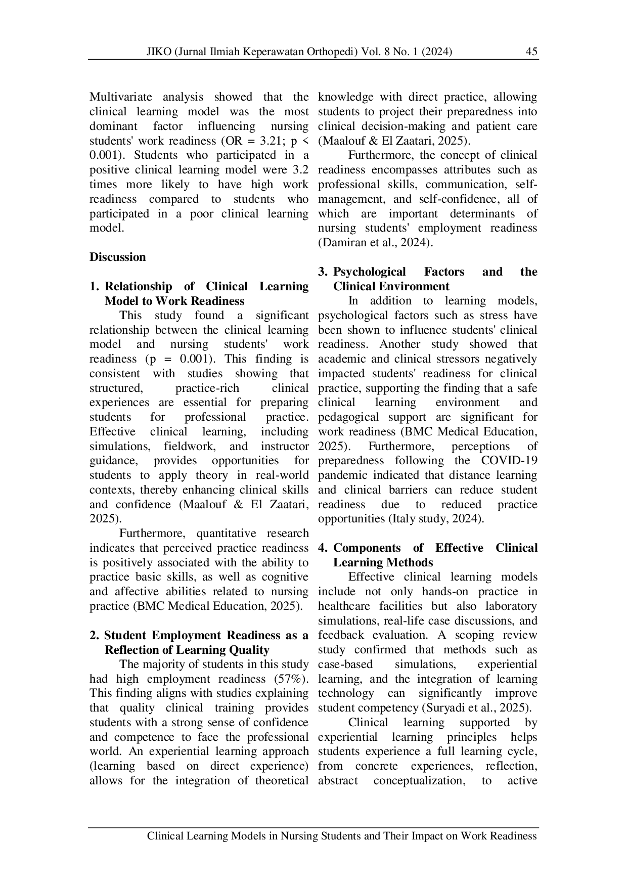 JURIS Clinical Learning Models in Nursing Students and Their Impact on Work Readiness