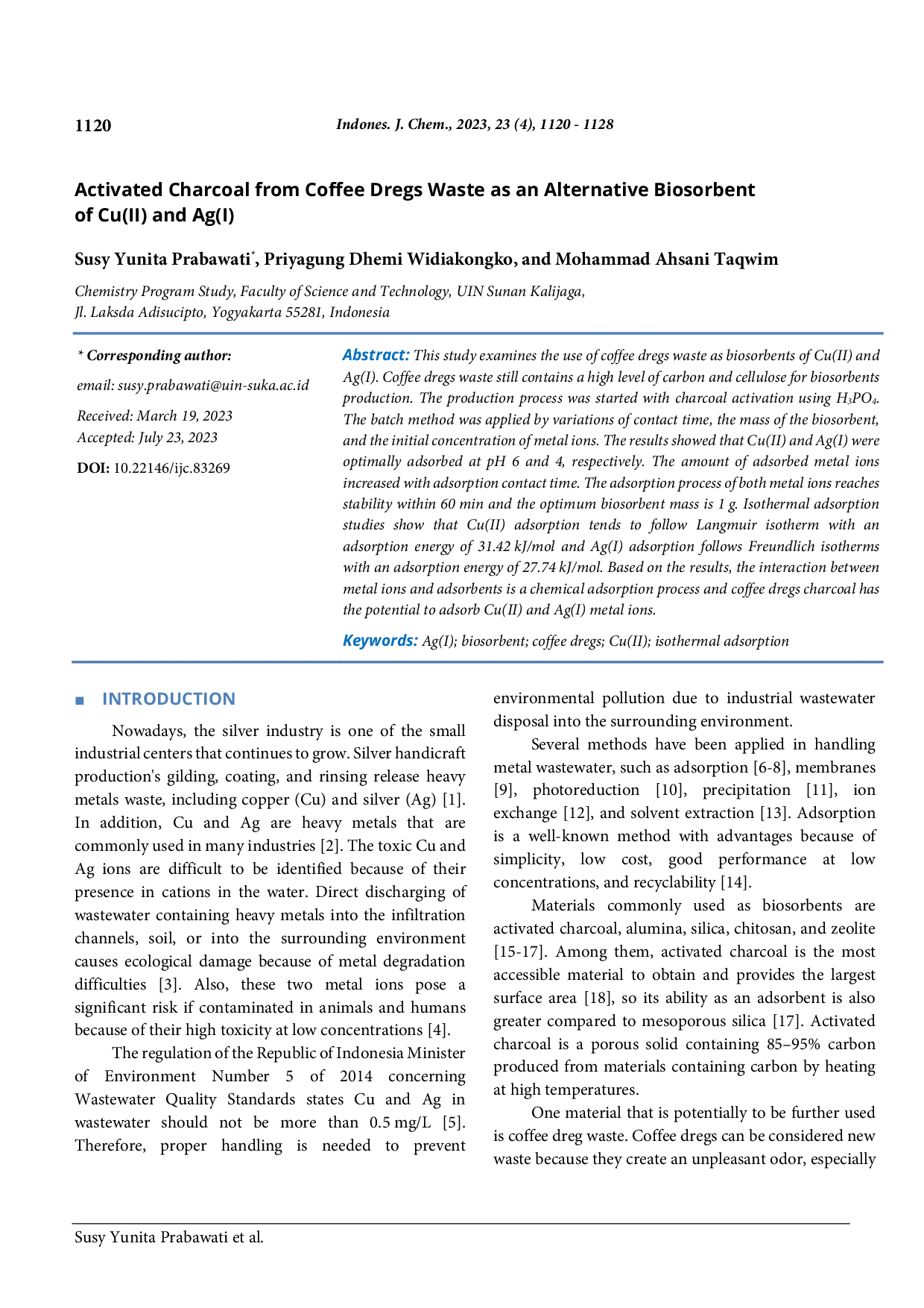 JURIS Activated Charcoal from Coffee Dregs Waste as an Alternative Biosorbent of Cu II and Ag I