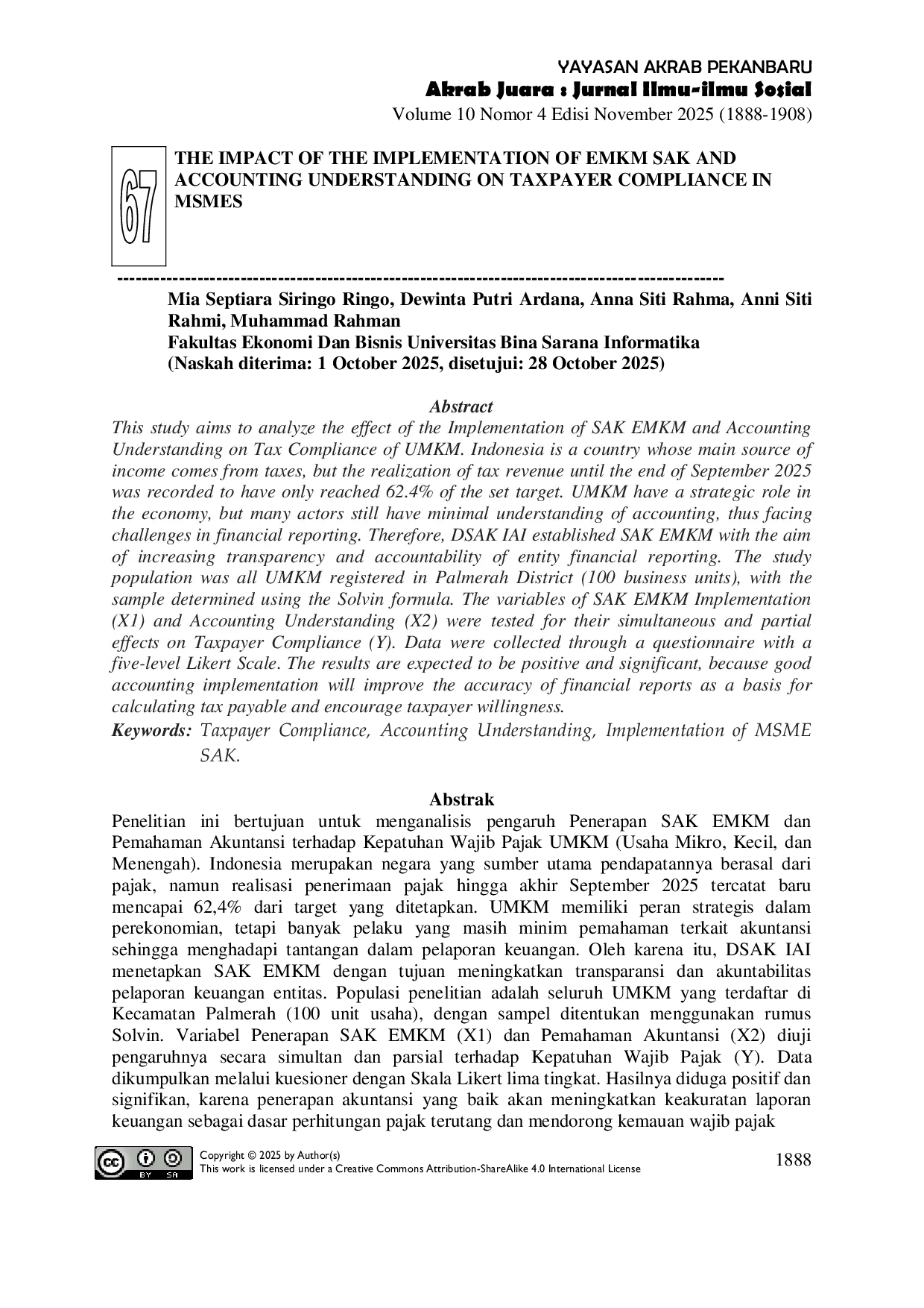 JURIS The Impact of the Implementation of EMKM SAK and Accounting Understanding on Taxpayer Compliance in MSMES
