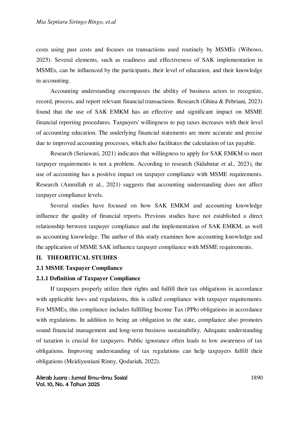 JURIS The Impact of the Implementation of EMKM SAK and Accounting Understanding on Taxpayer Compliance in MSMES