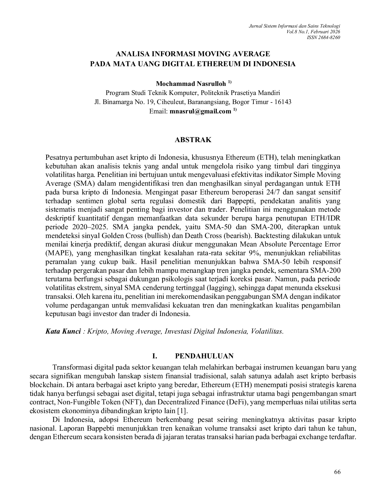 JURIS Analisa Informasi Moving Average pada Mata Uang Digital Ethereum di Indonesia