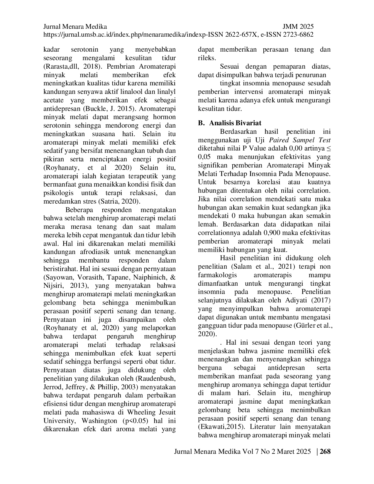 JURIS Efektivitas Aromaterapi Minyak Melati Terhadap Insomnia Pada Wanita Menopause Di Desa Rancajawat Indramayu