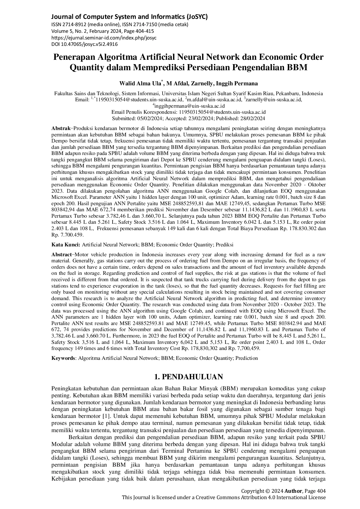 JURIS Penerapan Algoritma Artificial Neural Network dan Economic Order Quantity dalam Memprediksi Persediaan Pengendalian BBM