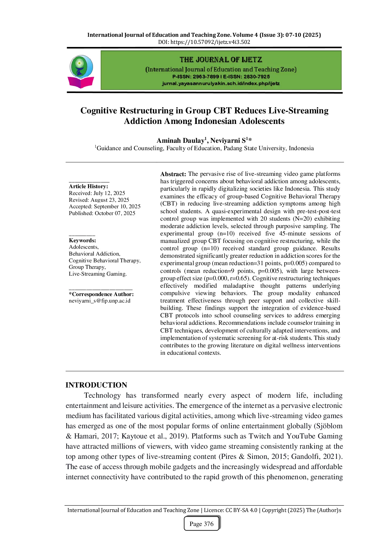 JURIS Cognitive Restructuring in Group CBT Reduces Live Streaming Addiction Among Indonesian Adolescents