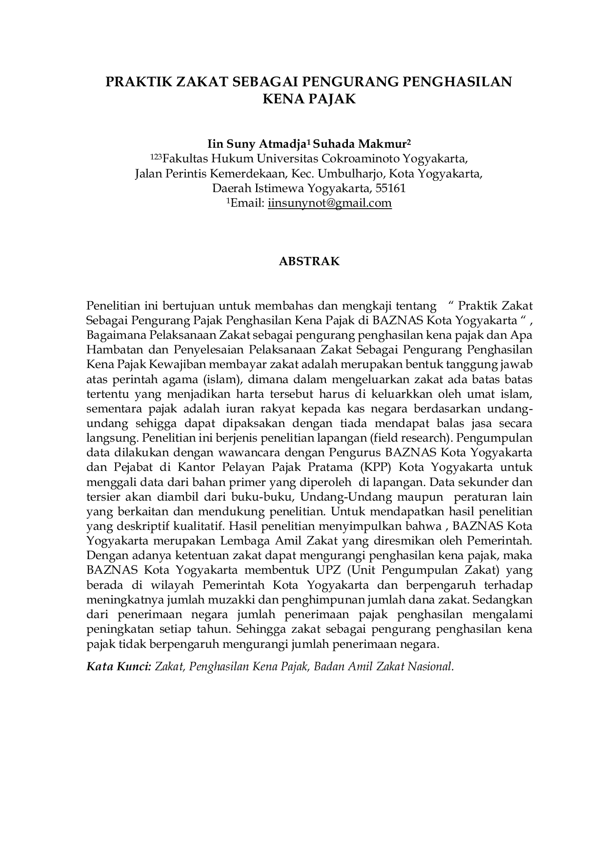 JURIS Praktik Zakat Sebagai Pengurang Penghasilan Kena Pajak