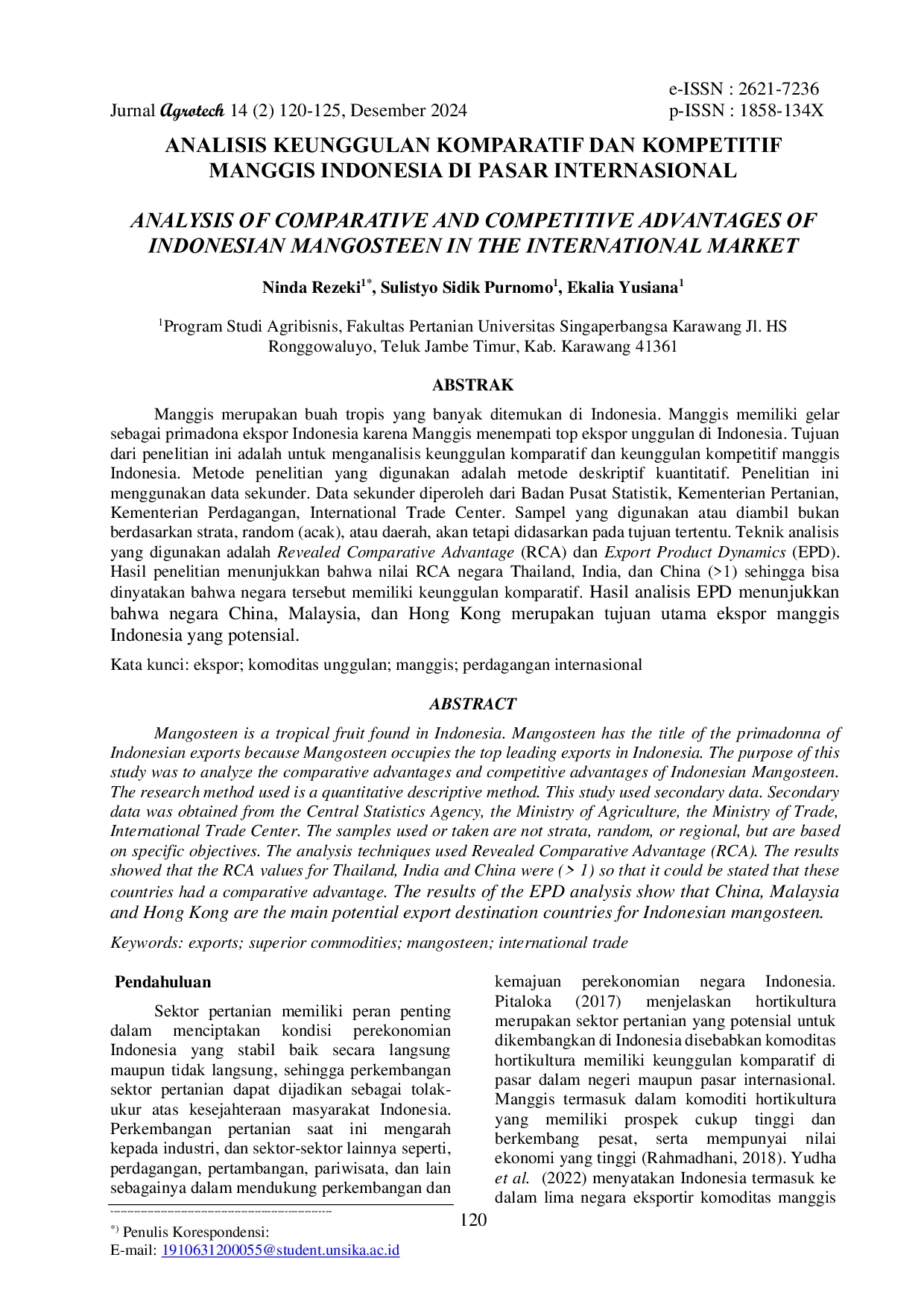 JURIS Analisis Keunggulan Komparatif Dan Kompetitif Manggis Indonesia Di Pasar Internasional