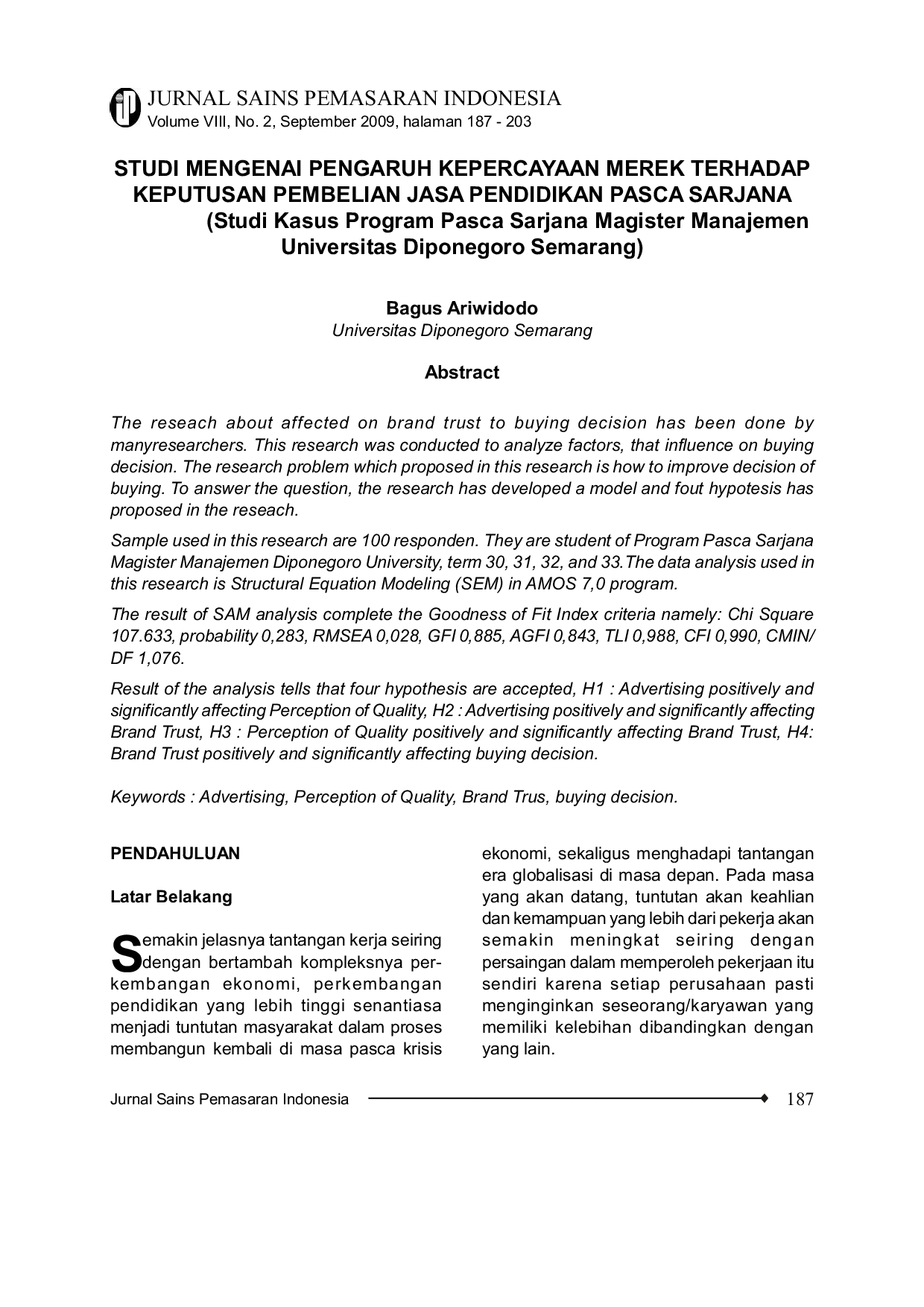 JURIS Studi Mengenai Pengaruh Kepercayaan Merek Terhadap Keputusan Pembelian Jasa Pendidikan Pasca Sarjana