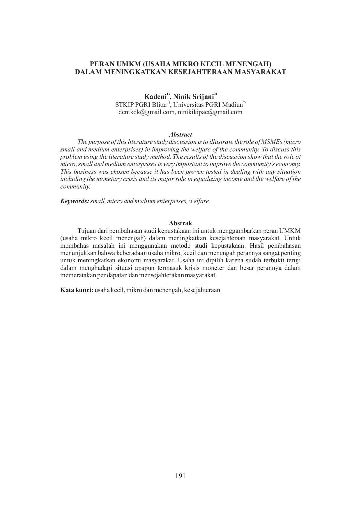 JURIS Peran UMKM Usaha Mikro Kecil Menengah Dalam Meningkatkan Kesejahteraan Masyarakat