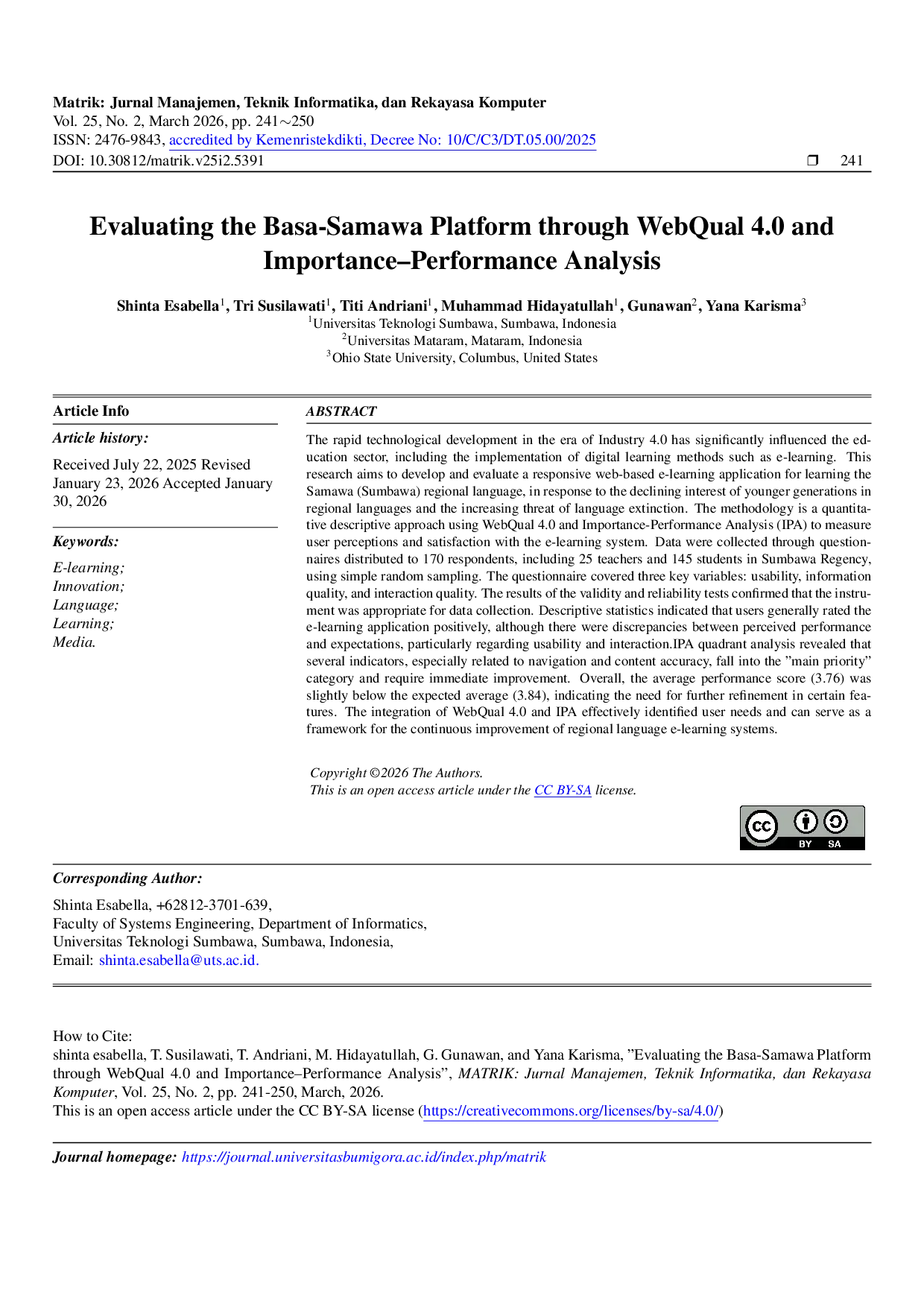 JURIS Evaluating The Basa Samawa Platform Through Webqual 4 0 And Importance Performance Analysis