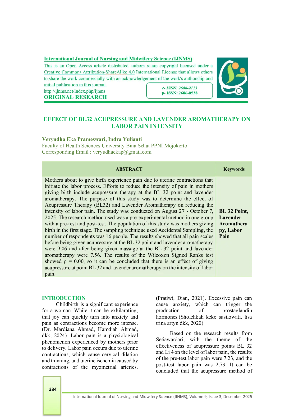 JURIS The effect of acupressure therapy on the ciliary point BL32 and lavender aromatherapy on reducing the intensity of labor pain