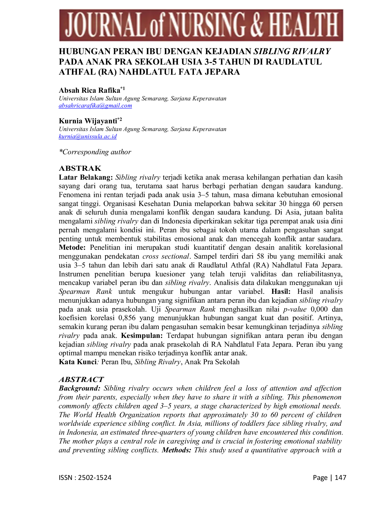 JURIS Hubungan Peran Ibu Dengan Kejadian Sibling Rivalry Pada Anak Pra Sekolah Usia 3 5 Tahun Di Raudlatul Athfal RA Nahdlatul Fata Jepara