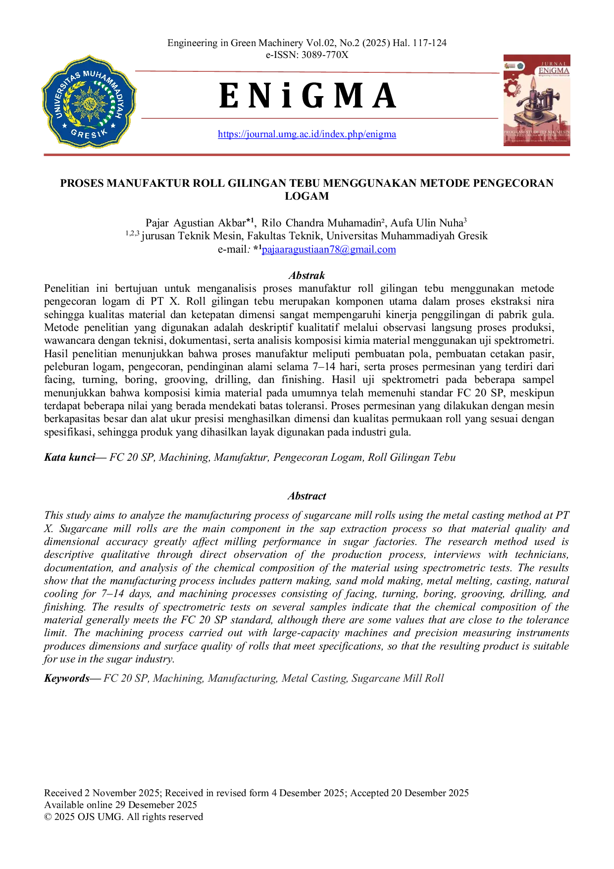 JURIS The PROSES MANUFAKTUR ROLL GILINGAN TEBU MENGGUNAKAN METODE PENGECORAN LOGAM