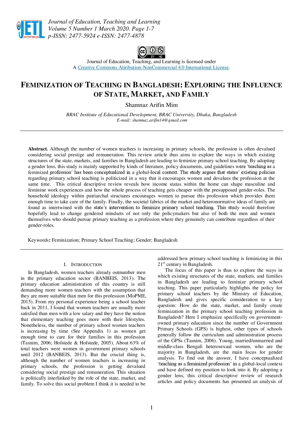 juris Feminization of Teaching in Bangladesh Exploring the Influence of State Market and Family