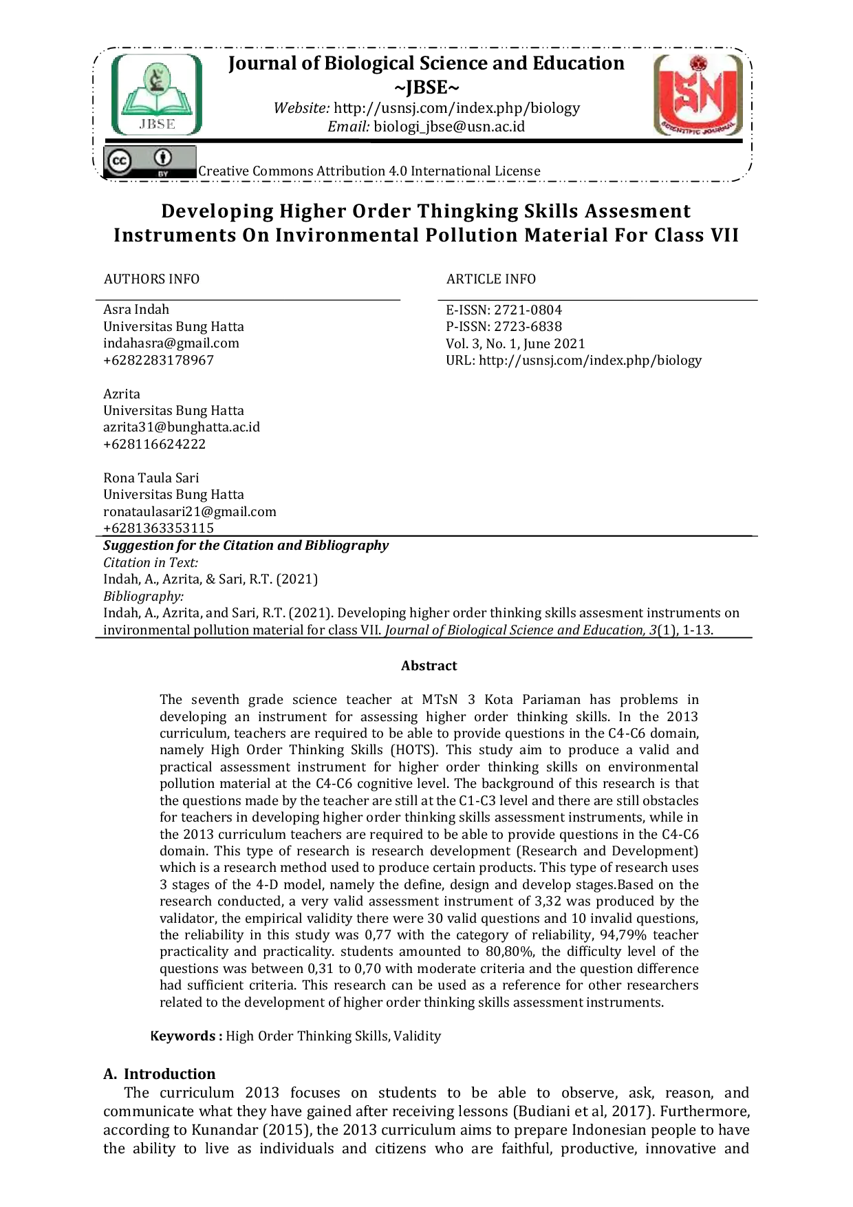 JURIS Developing Higher Order Thinking Skills Assesment Instruments on Invironmental Pollution Material for Class VII