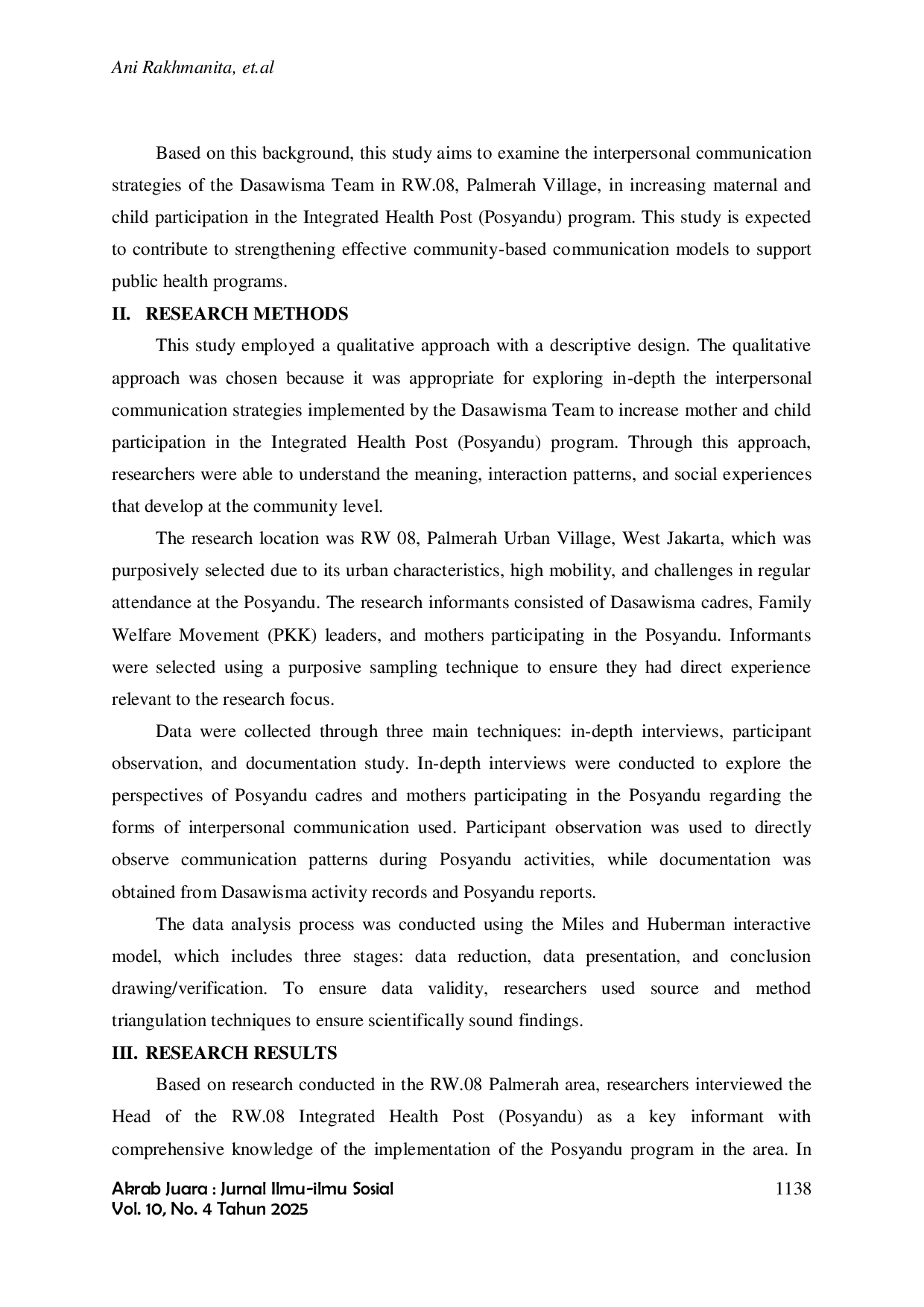 JURIS INTERPERSONAL COMMUNICATION STRATEGY OF THE DASAWISMA TEAM IN IMPROVING MOTHER AND CHILD PARTICIPATION IN THE POSYANDU PROGRAM IN RW 08 PALMERAH VILLAGE
