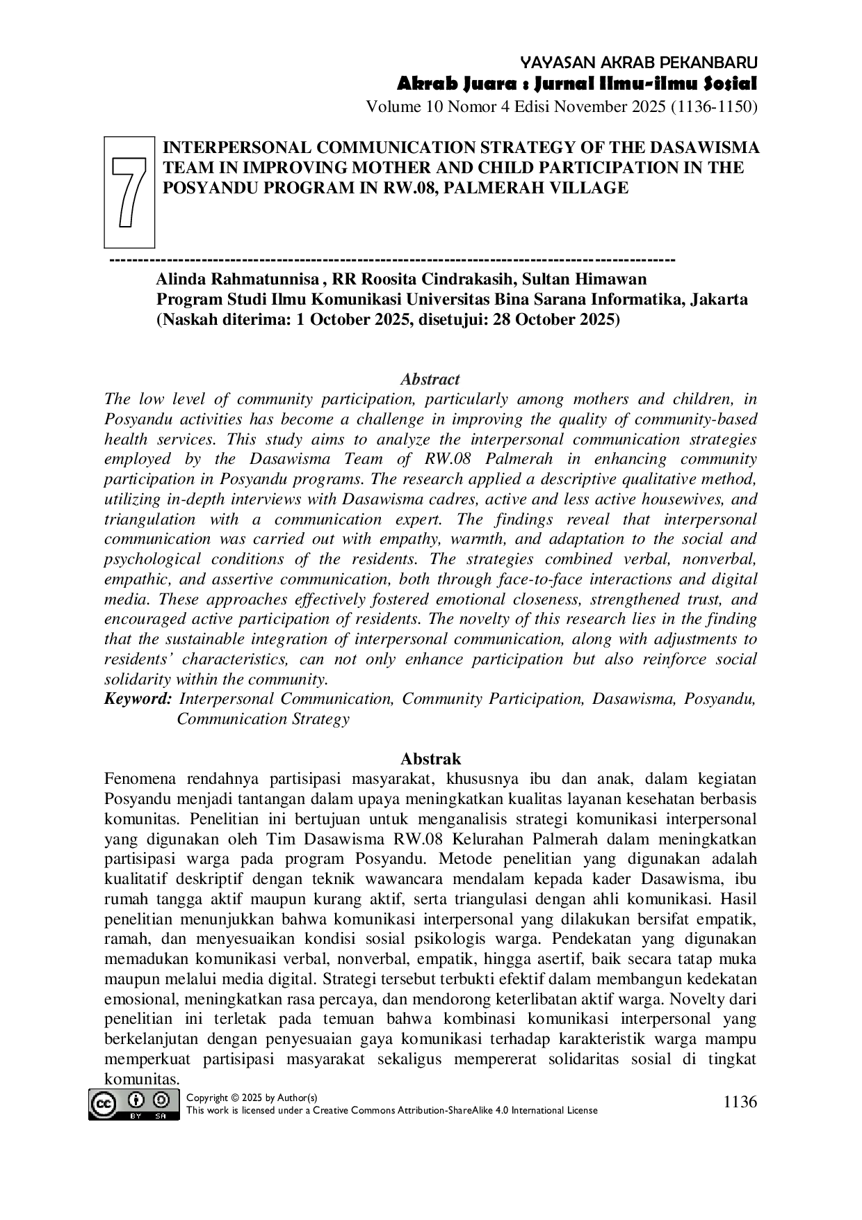 JURIS INTERPERSONAL COMMUNICATION STRATEGY OF THE DASAWISMA TEAM IN IMPROVING MOTHER AND CHILD PARTICIPATION IN THE POSYANDU PROGRAM IN RW 08 PALMERAH VILLAGE