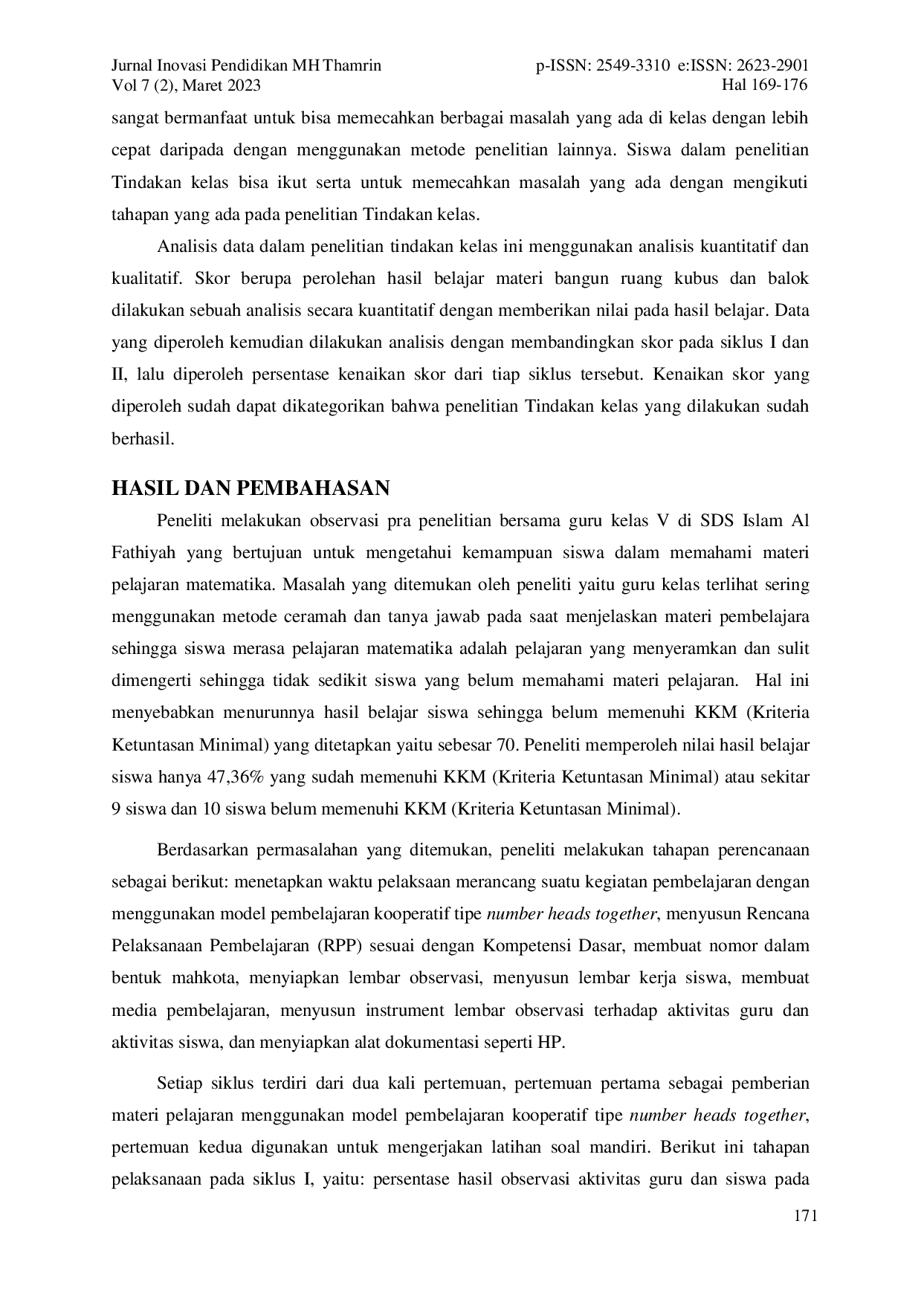 JURIS Upaya Meningkatkan Hasil Belajar Siswa Melalui Number Heads Together Pada Pembelajaran Matematika