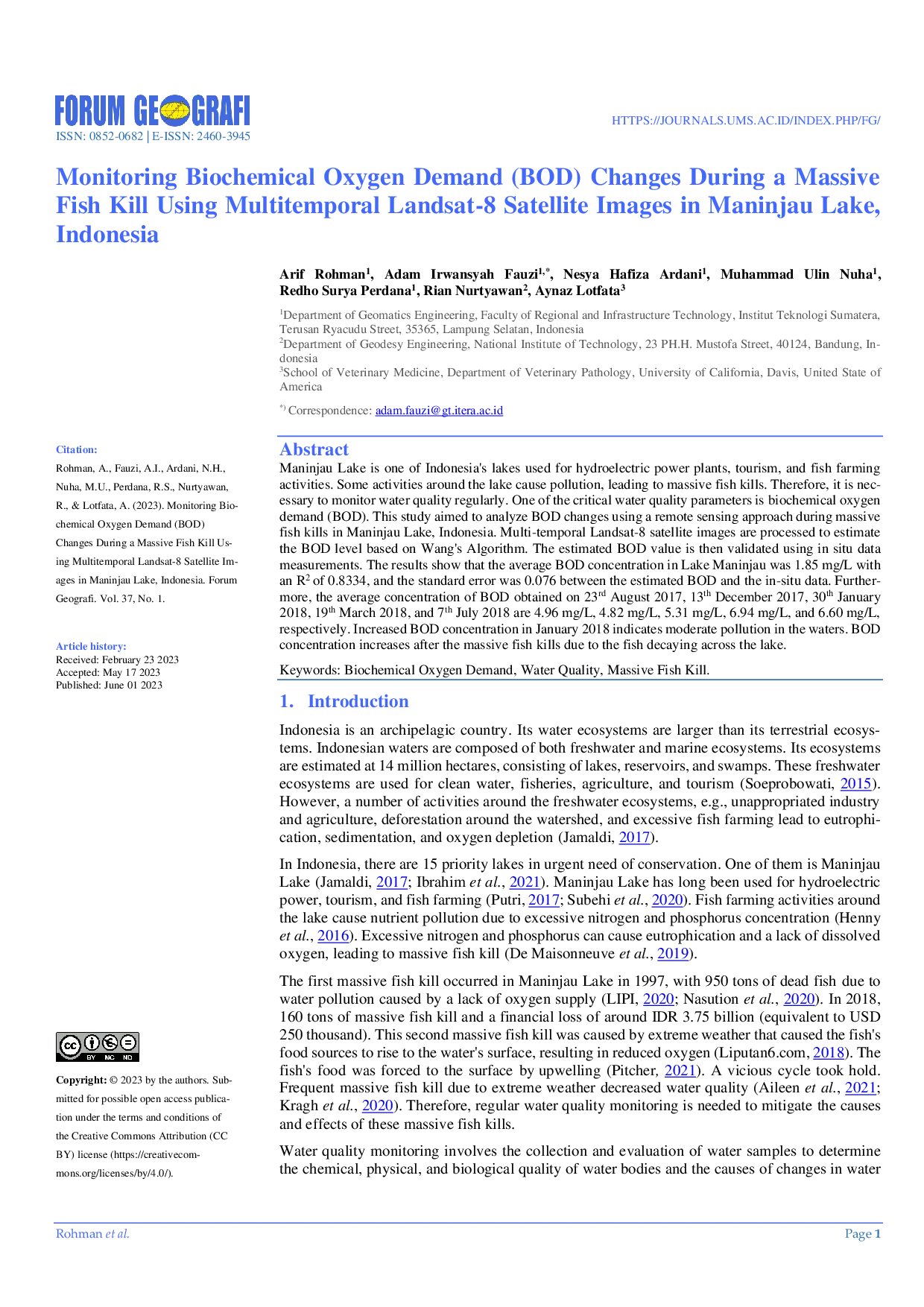 JURIS Monitoring Biochemical Oxygen Demand BOD Changes During a Massive Fish Kill Using Multitemporal Landsat 8 Satellite Images in Maninjau Lake Indonesia
