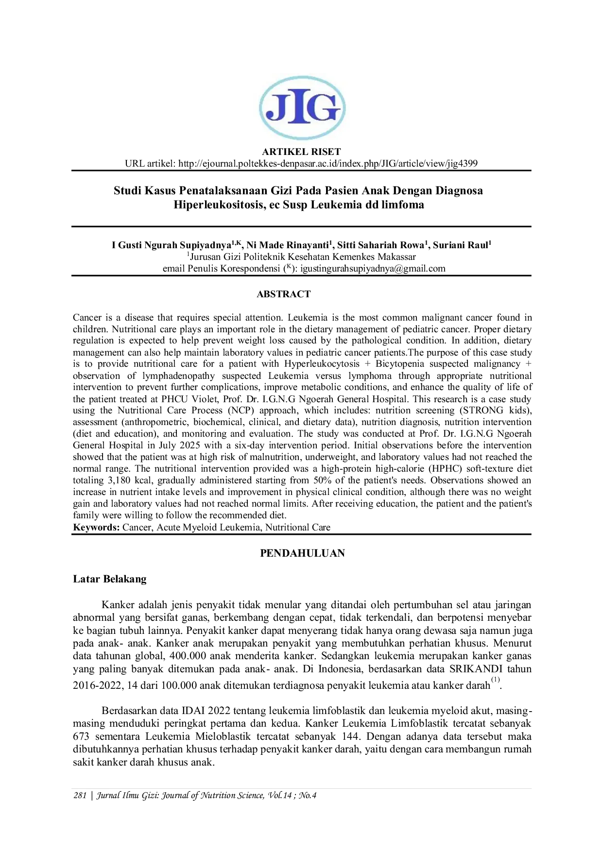 JURIS Studi Kasus Penatalaksanaan Gizi Pada Pasien Anak Dengan Diagnosa Hiperleukositosis ec Susp Leukemia dd limfoma Di Ruang PHCU Violet RSUP Prof Dr I G N G Ngoerah Denpasar