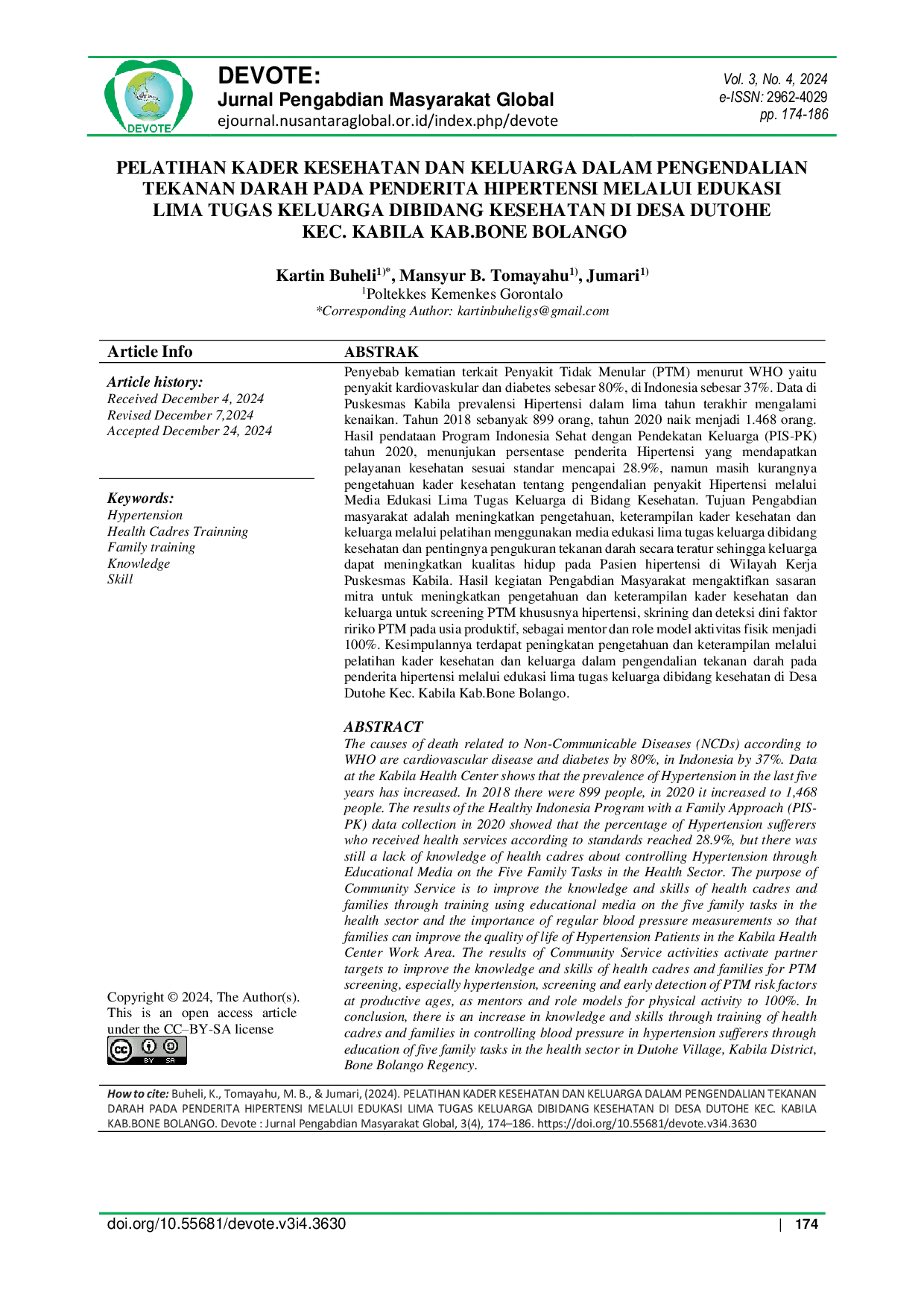 JURIS Pelatihan Kader Kesehatan dan Keluarga dalam Pengendalian Tekanan Darah pada Penderita Hipertensi melalui Edukasi Lima Tugas Keluarga Dibidang Kesehatan di Desa Dutohe Kec Kabila Kab Bone Bolango