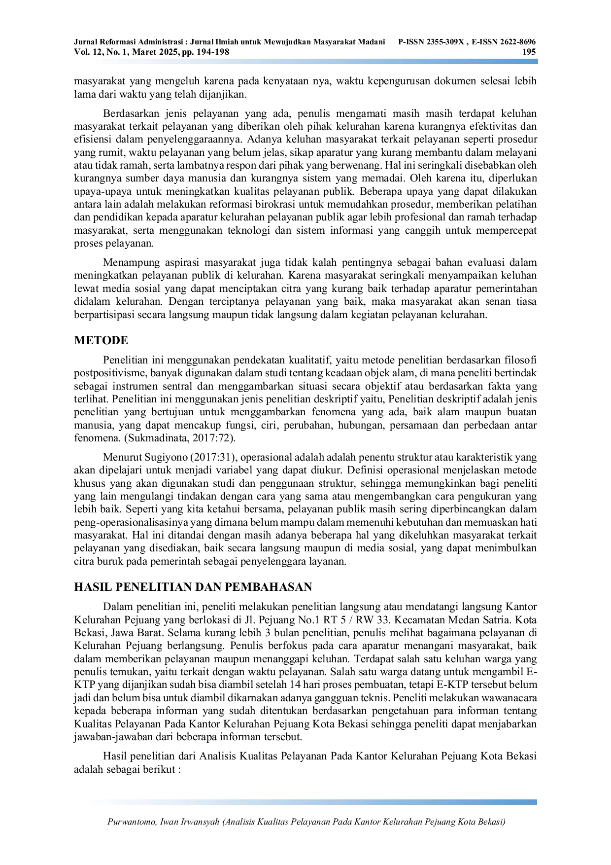 JURIS Analisis Kualitas Pelayanan Pada Kantor Kelurahan Pejuang Kota Bekasi