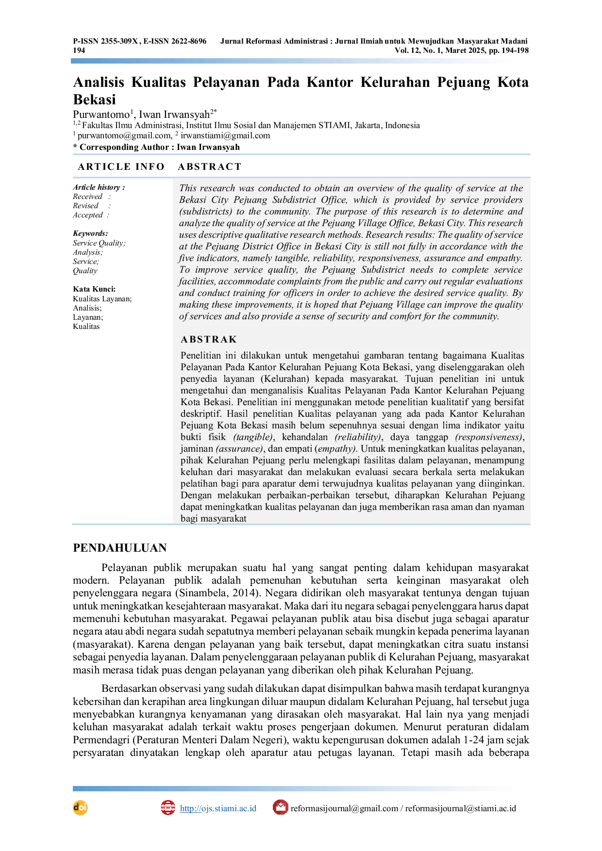 JURIS Analisis Kualitas Pelayanan Pada Kantor Kelurahan Pejuang Kota Bekasi