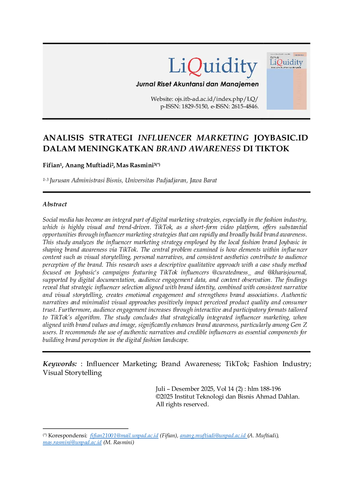 JURIS Analisis Strategi Influencer Marketing Joybasic Id Dalam Meningkatkan Brand Awareness di Tiktok