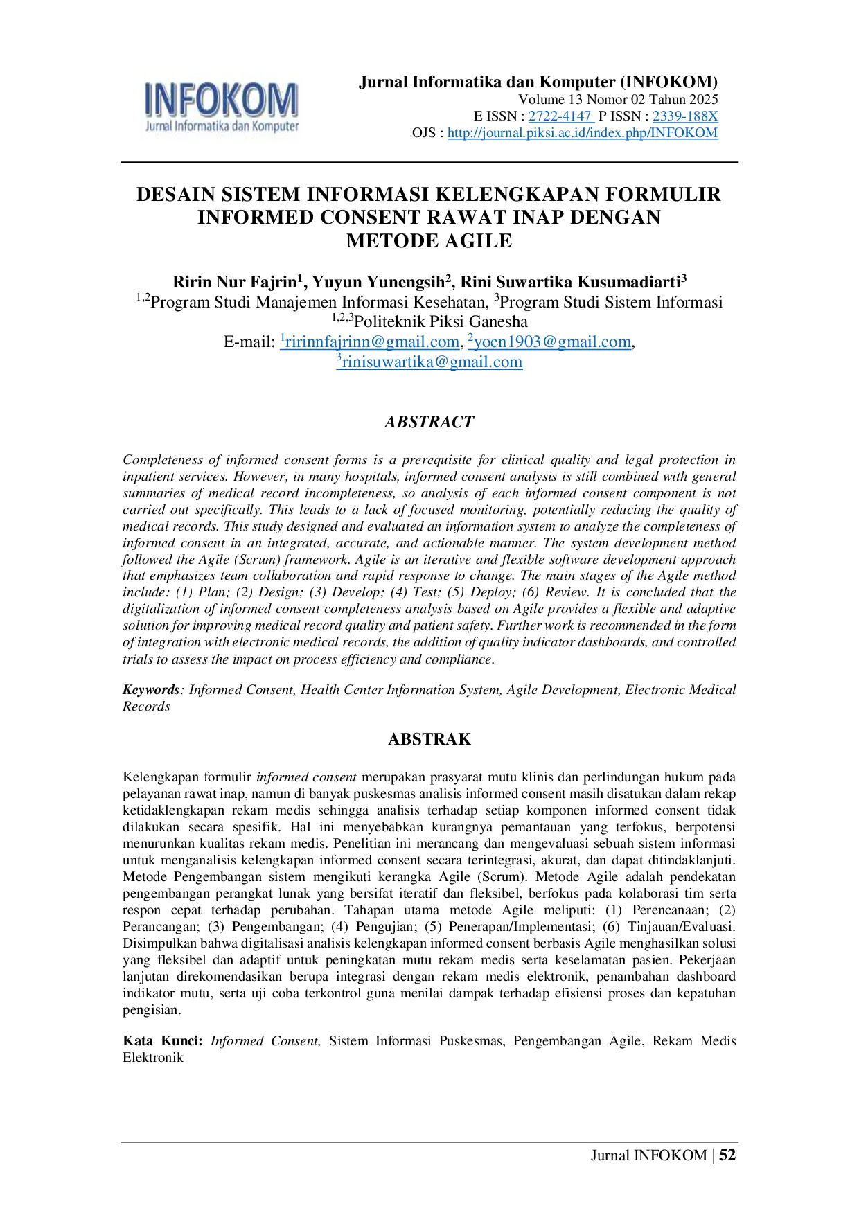 JURIS Desain Sistem Informasi Kelengkapan Formulir Informed Consent Rawat Inap dengan Metode Agile