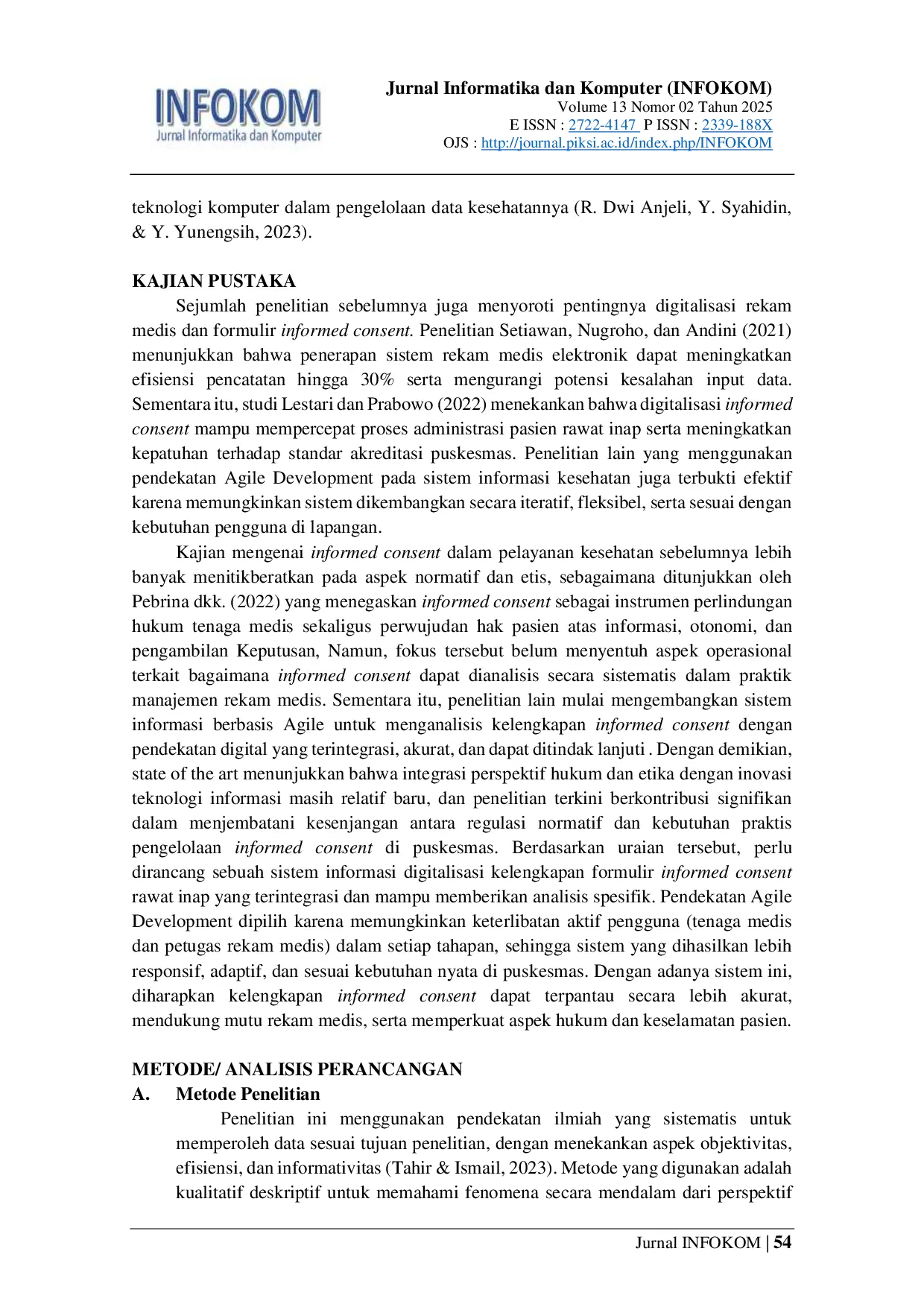 JURIS Desain Sistem Informasi Kelengkapan Formulir Informed Consent Rawat Inap dengan Metode Agile