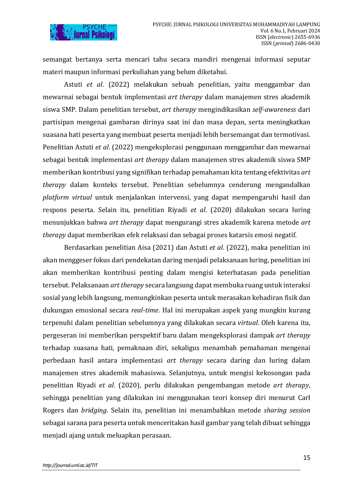 JURIS Efektivitas Art Therapy Dalam Manajemen Stres Akademik Mahasiswa Tahap Emerging Adulthood