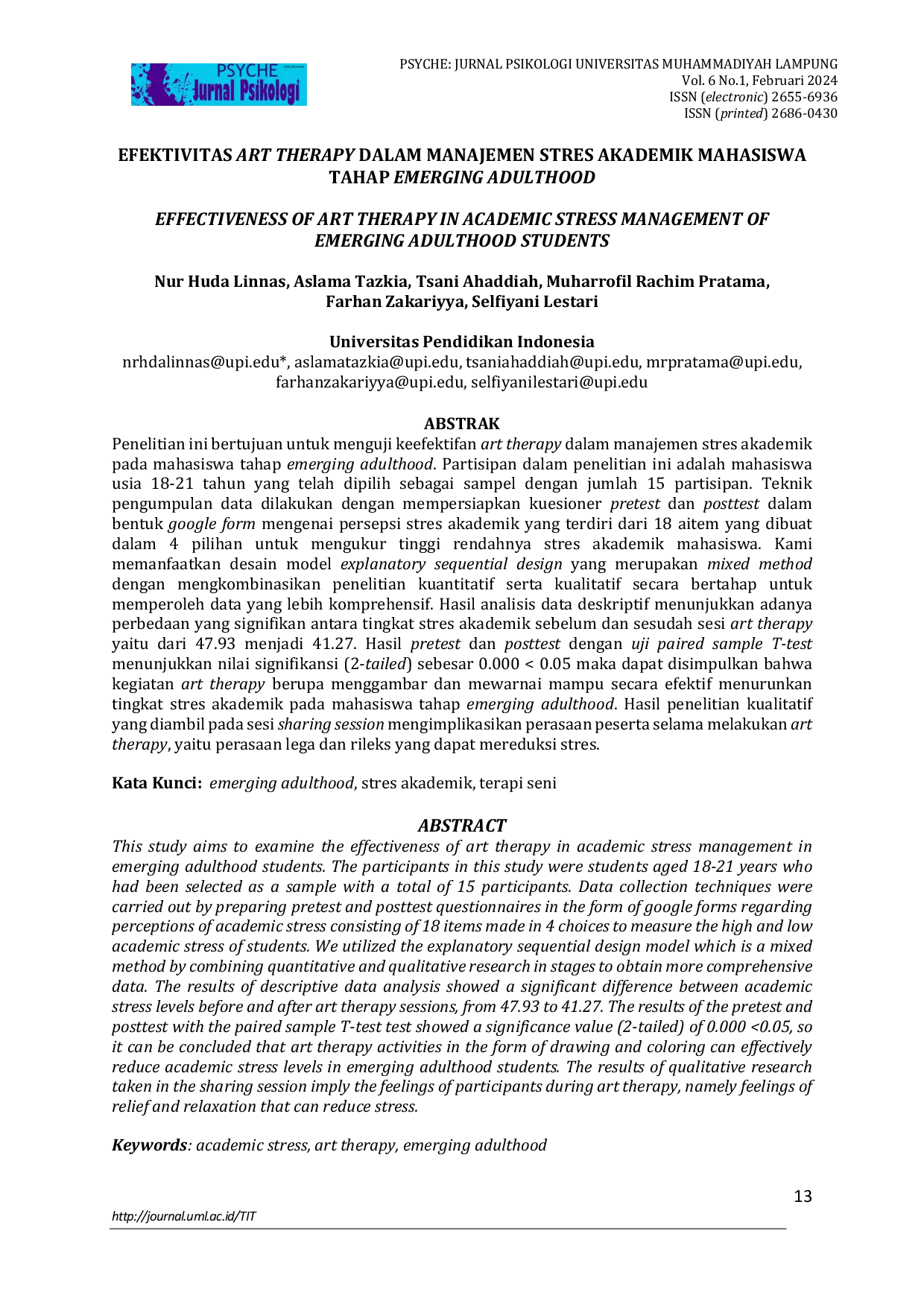JURIS Efektivitas Art Therapy Dalam Manajemen Stres Akademik Mahasiswa Tahap Emerging Adulthood