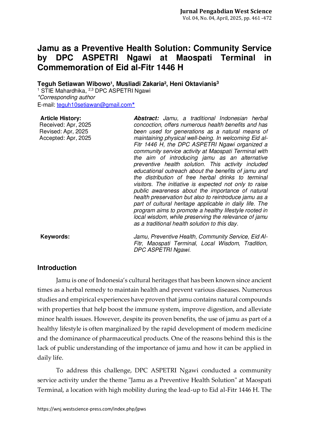 JURIS Jamu as a Preventive Health Solution Community Service by DPC ASPETRI Ngawi at Maospati Terminal in Commemoration of Eid al Fitr 1446 H